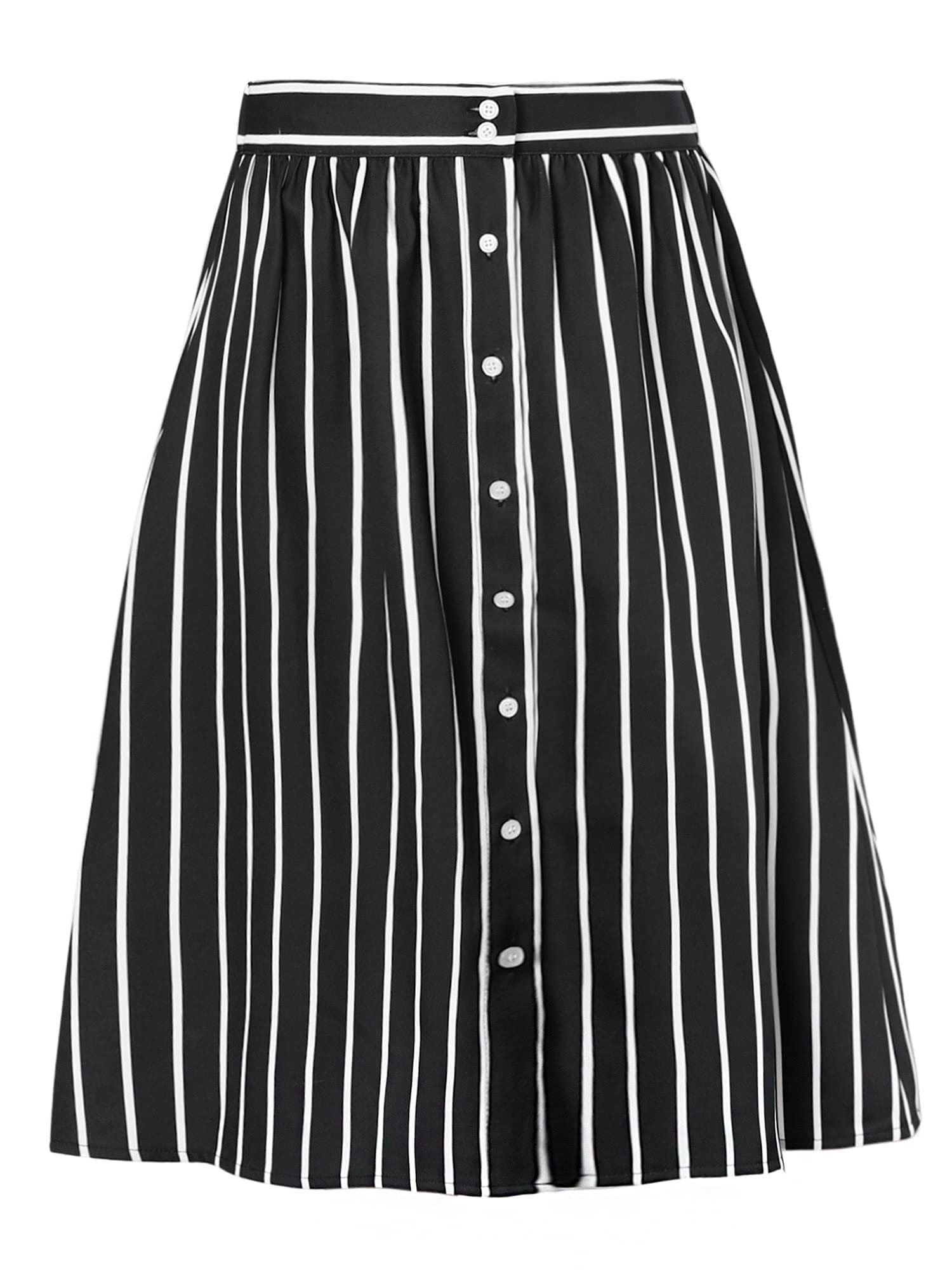 Allegra K Jupe midi rayée boutonnée sur Le Devant et élastique dans Le Dos pour Femme - Noir - Taille L