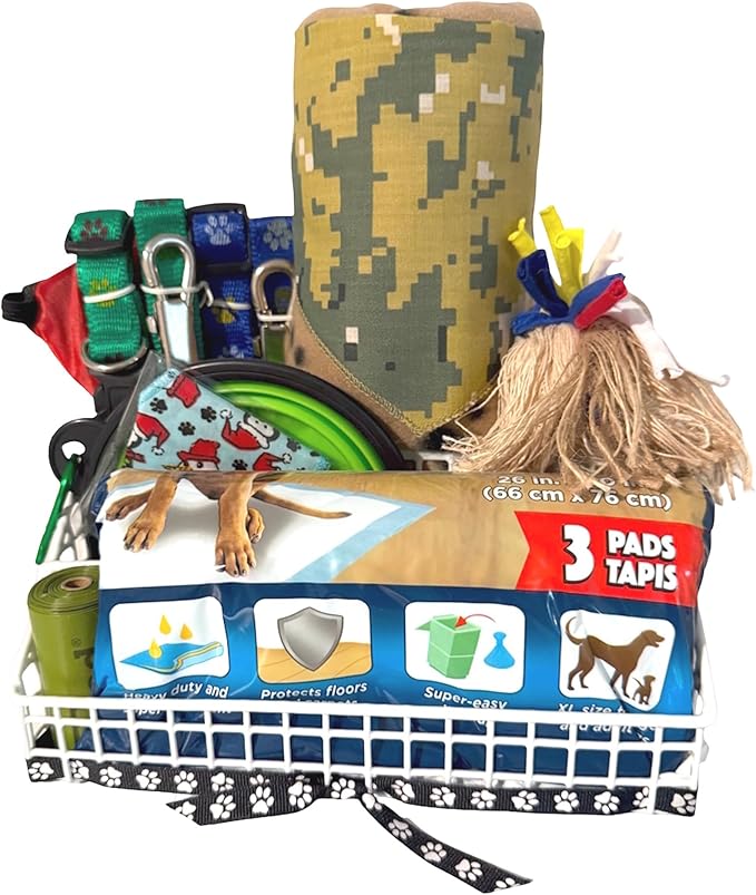 Small-Med Camo Theme Basic Starter Training Dog Gift Basket| 2 Leashes, 2 Collars, Blanket, Toy, 2 Bowls, 2 Bandanas, Training Pads, Poop Bags, Perfect for New Pet Owners, Birthday, Adoption, Travel