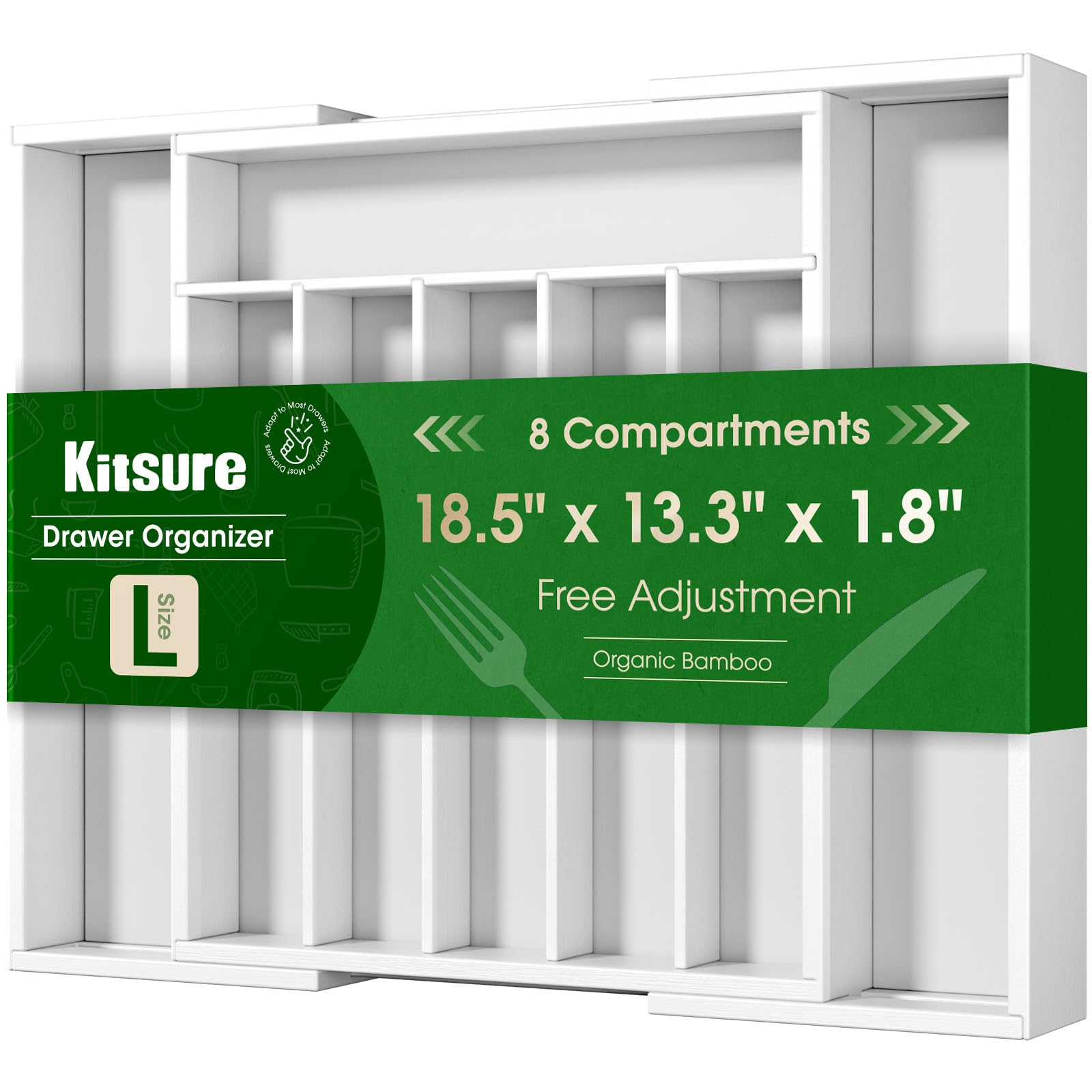 Kitsure Silverware Organizer, Bamboo Kitchen Drawer Tray, White, Large