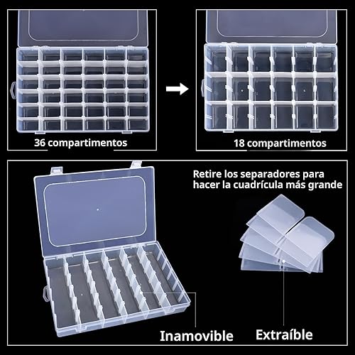 Miniatura 4 de OUTUXED Paquete de 2 cajas organizadoras de cuentas de plástico transparente de 36 rejillas, organizador de compartimento de aparejos de pesca