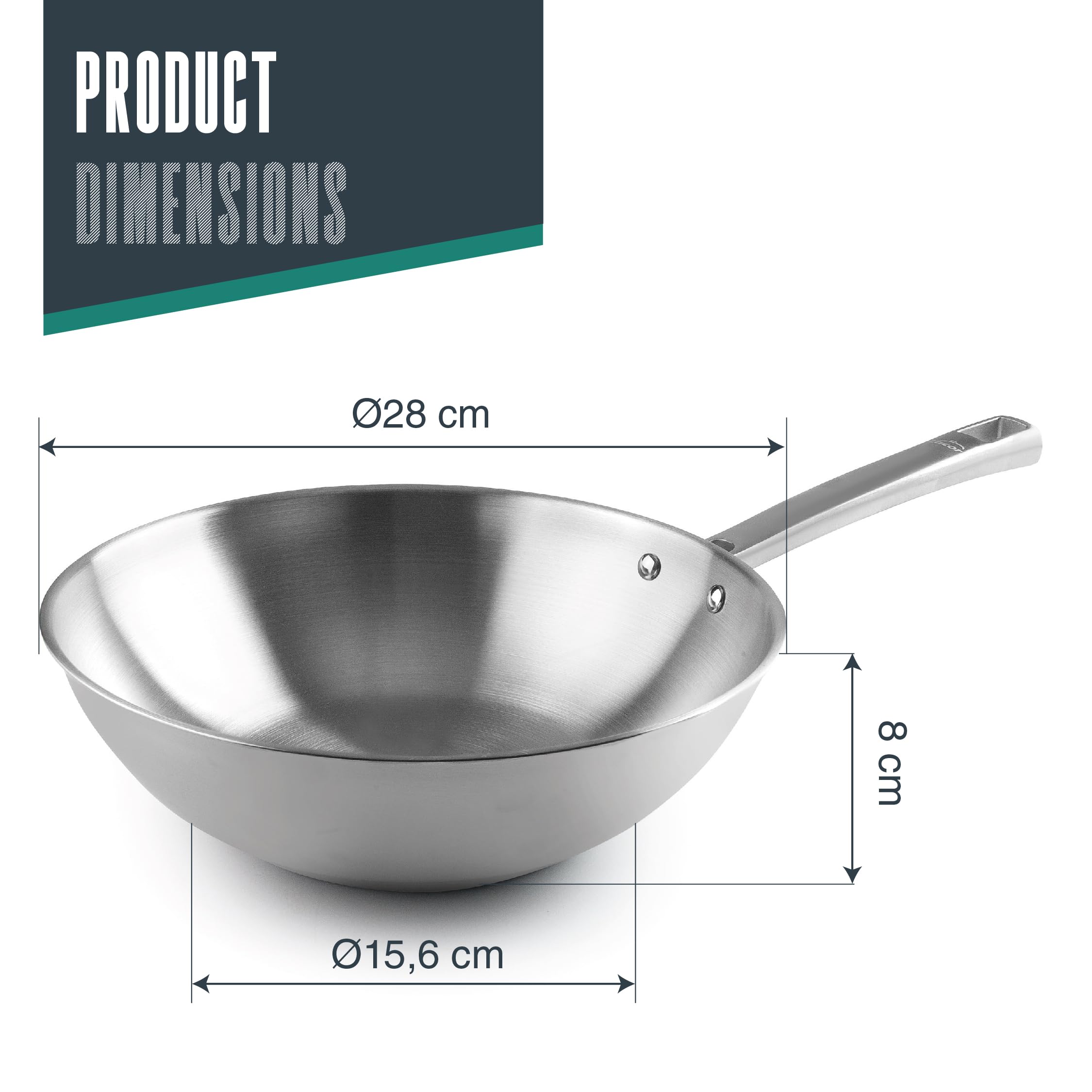 LACOR - 45828 - Wok Foodie, Acier inoxydable 18/10, Antiadhésif, Sans PFOA, Satinés, Poignée ergonomique, Fond thermodiffuseur sandwich, Convient pour induction et lave-vaisselle, Ø28 cm