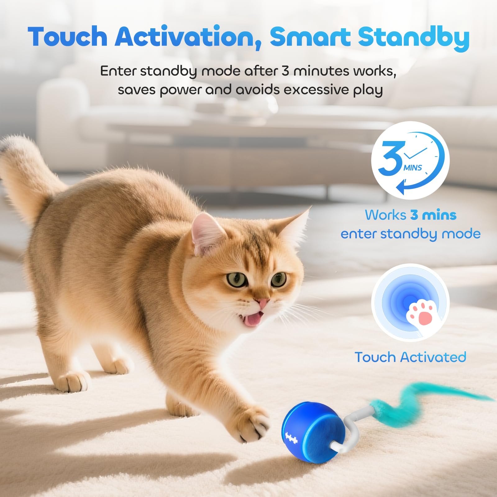 Automatisches interaktives Katzenspielzeug für Indoor-Katzen, sicher für Teppiche mit verhedderungsfreiem Schwanz, 3 Touch-Aktivierungsmodi, 800-mAh-Akku mit hoher Kapazität, 6 Stück