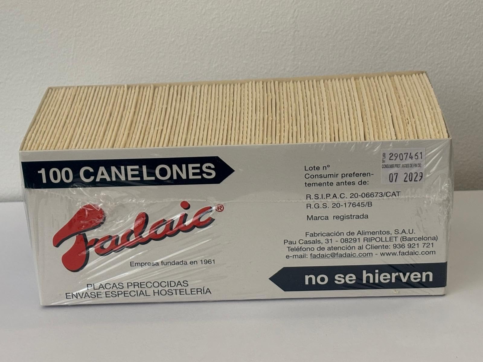 100 placas de canelones precocidos, marca Fadaic, envase especial hosteleria