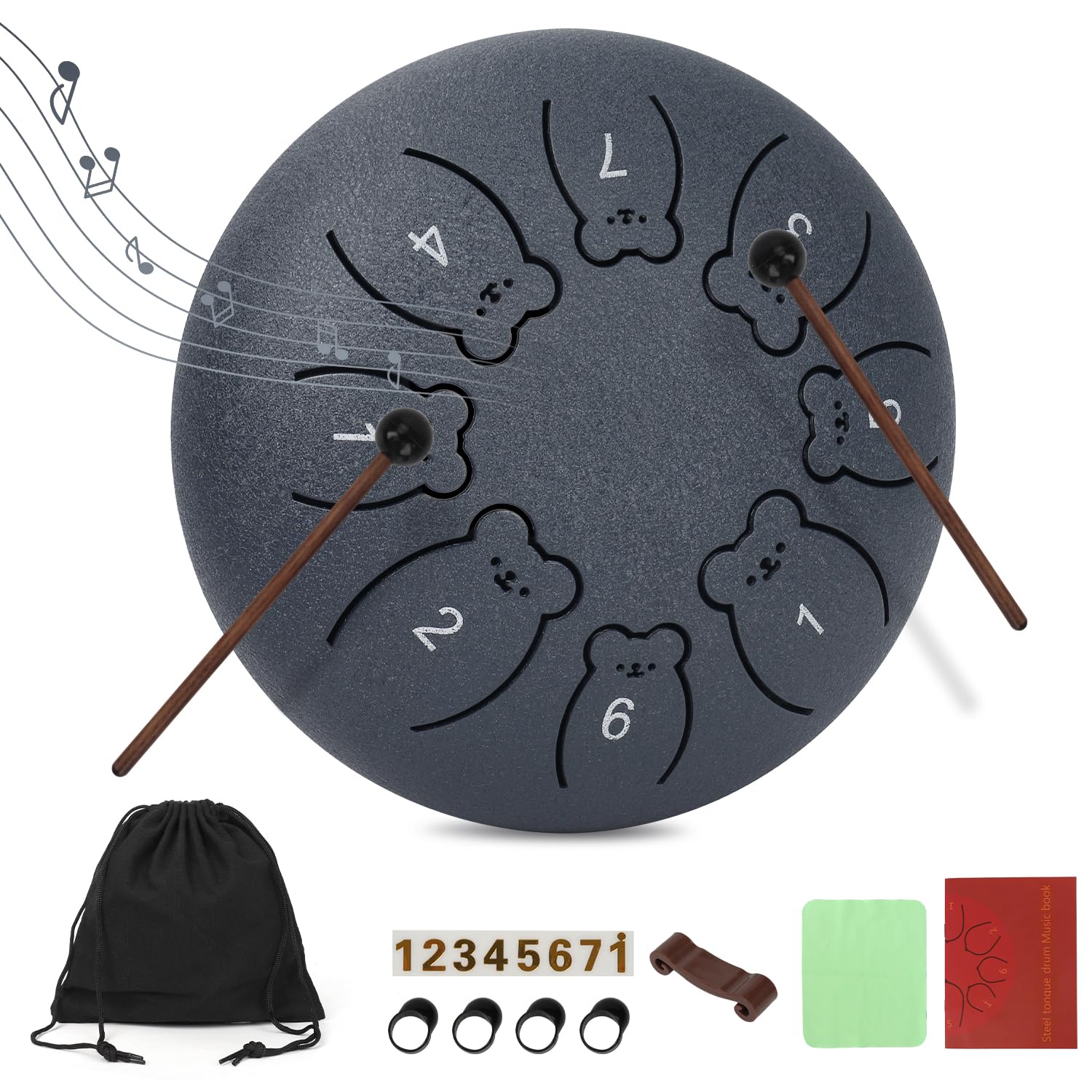 Bear Steel Tongue Drum 6 Zoll 8 Noten, Regentrommel für Außengarten, Kinder Musikinstrumente, Erwachsene Anfänger, Hand Pan Drum Set mit Schlägeln, Notenbuch und Tragetasche (Marineblau)