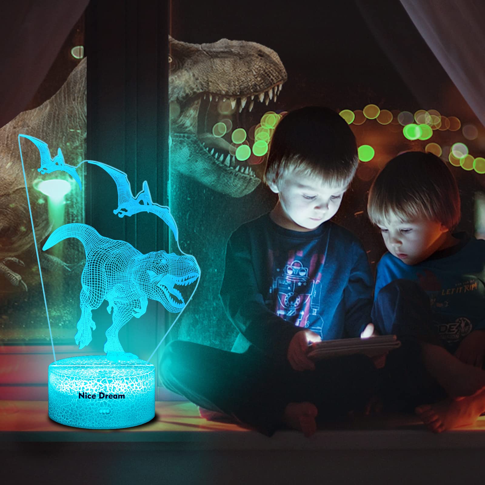 Nice Dream Luce Notturna per Bambini, Regali per Ragazze, Telecomando 16 Cambia Colore Dimmerabile, Lampada da Illusione 3D a Luce LED per Cameretta Arredamento Camera da Letto (14-Dino)