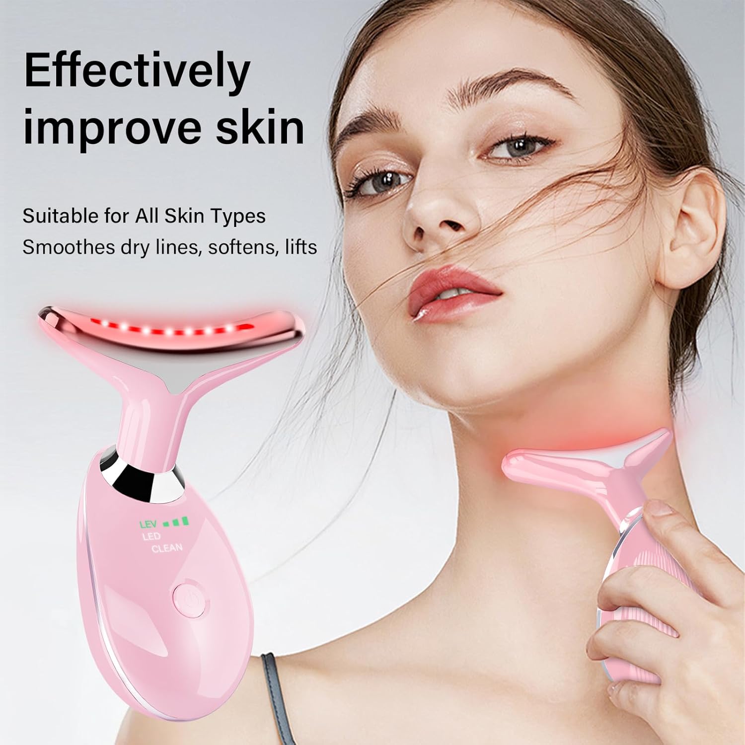 Neck&Face Massager with 7 Colors-Multi-Functional Skincare Tool,Home Beauty Device for Wrinkles&Relaxation (Pink)
