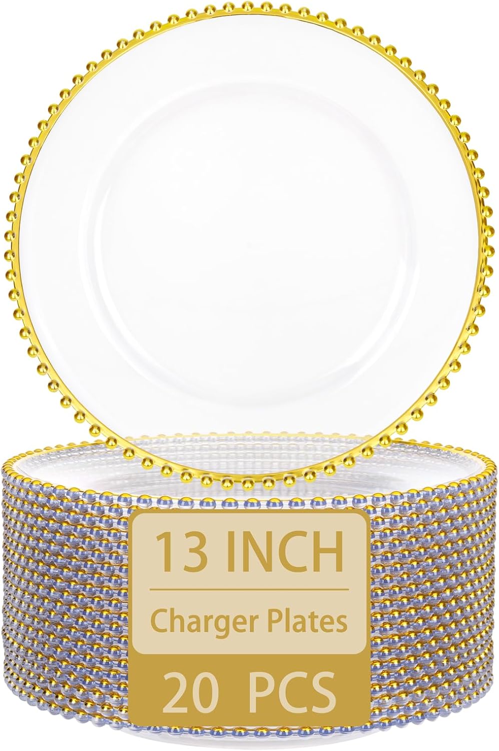 supernal 20pcs Charger Plates,Gold Plastic Chargers Decorative Plate for Table Setting,Beaded Plates 13 Inch Suitable For Weddings, Events,Parties. 20pcs Clear and Gold Charger Plates