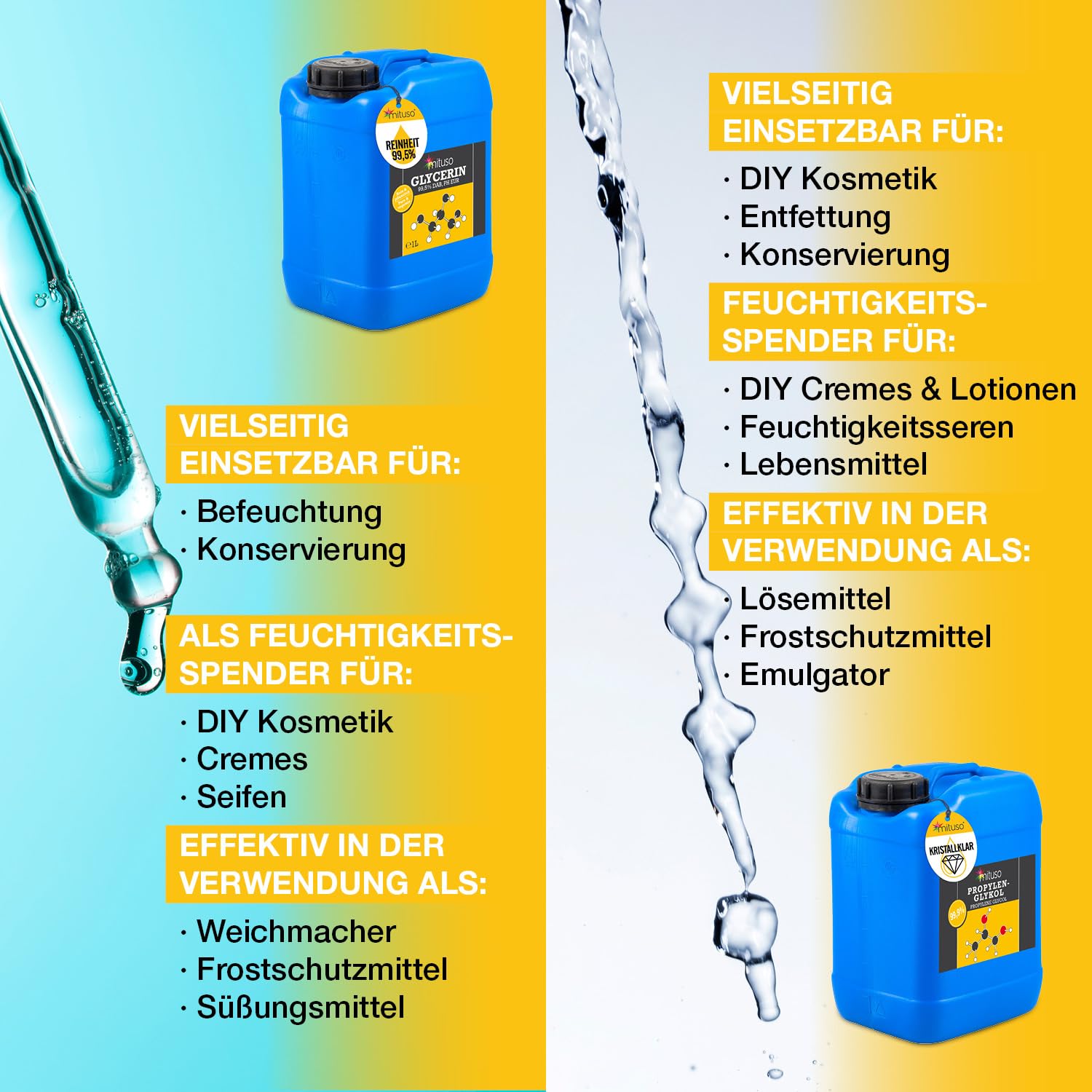 Mituso Glycerin + Propylenglykol Set 5L+5L - 99,9% hochrein | vegan - ideal für DIY, kosmetische Behandlungen - mituso