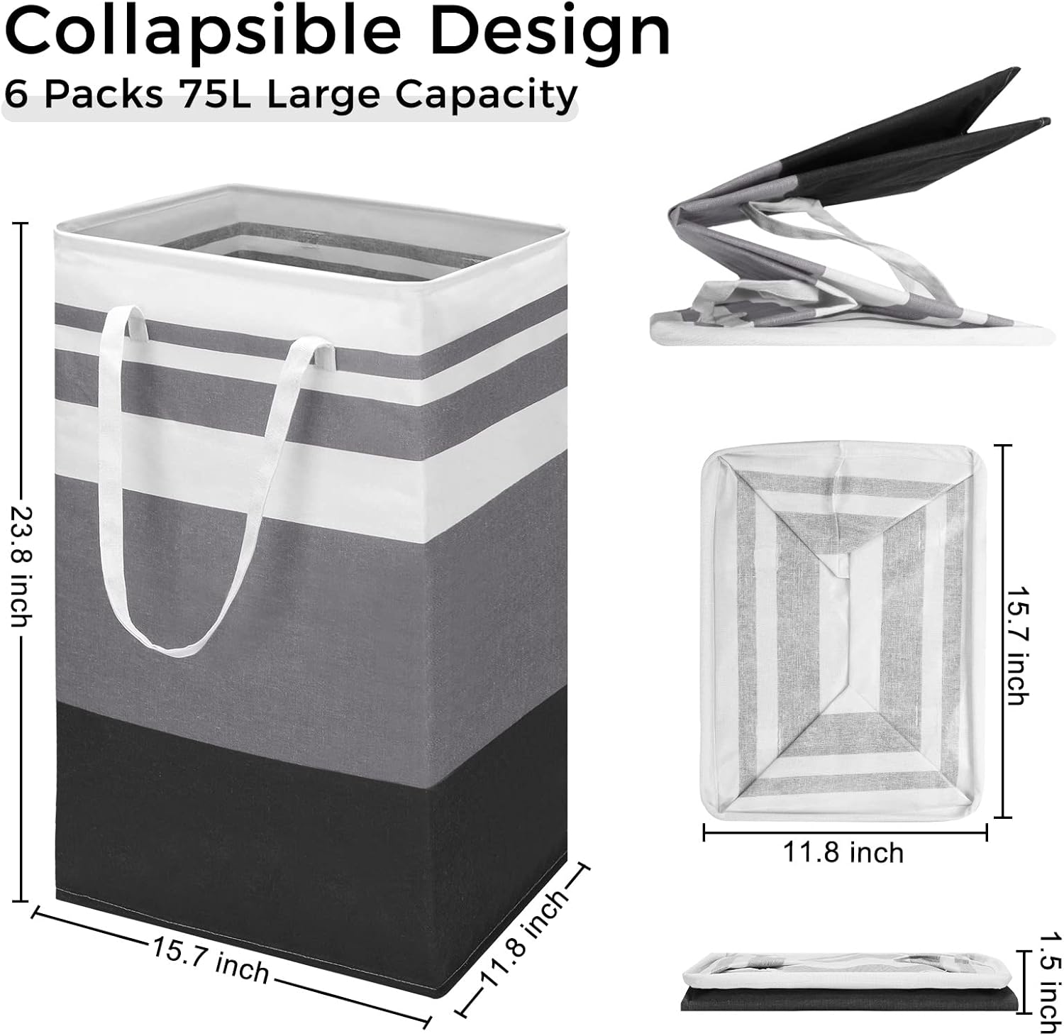 Foaincore 6 Pieces 75 L Laundry Hamper Basket Organizer Large Laundry Bag Bulk Waterproof Collapsible Clothe Storage with Handles for Dorm Room Bedroom Towels (Black Gray)