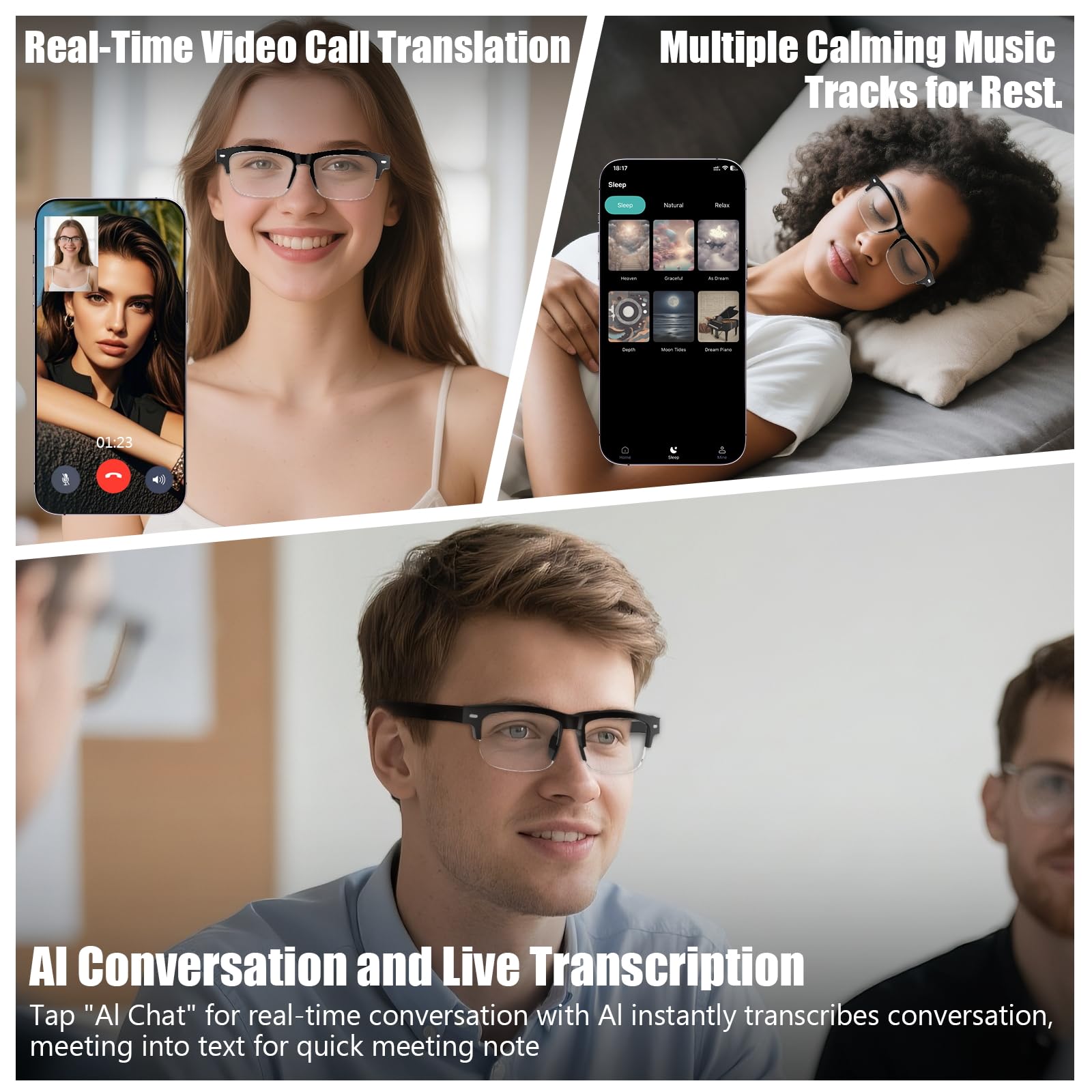 GenXenon AI Smart Glasses Bluetooth KI Brille 164 Sprachen Echtzeitübersetzung Photochrome Brillengläser Halbrand-Design Offene Lautsprecher
