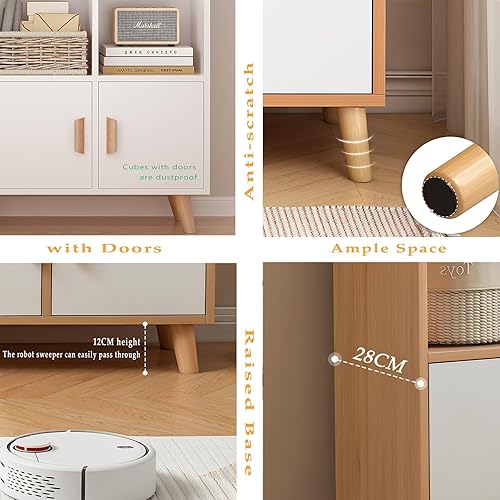 Miniatura 4 de OSCHF Estantería de madera con puertas  Estantería abierta de madera de 11 cubos con patas de madera maciza, armario de almacenamiento de 3 niveles,