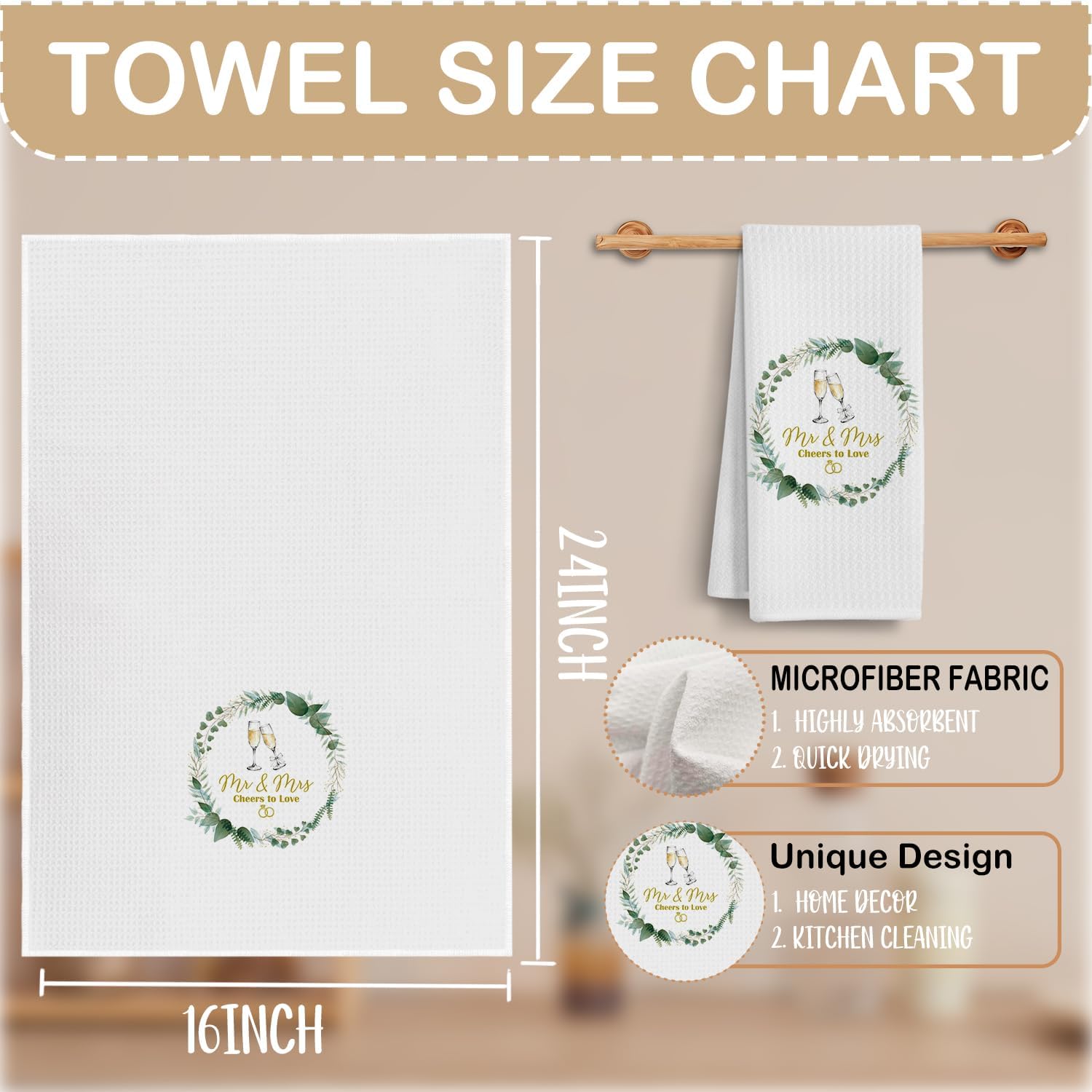 Mr and Mrs Wedding Champagne Kitchen Towels, Wedding Gifts for Newlyweds Dish Tea Towels, Engagement Gifts for Couple Decorative Hand Towel for Kitchen Party Bar, 16x24 Inch