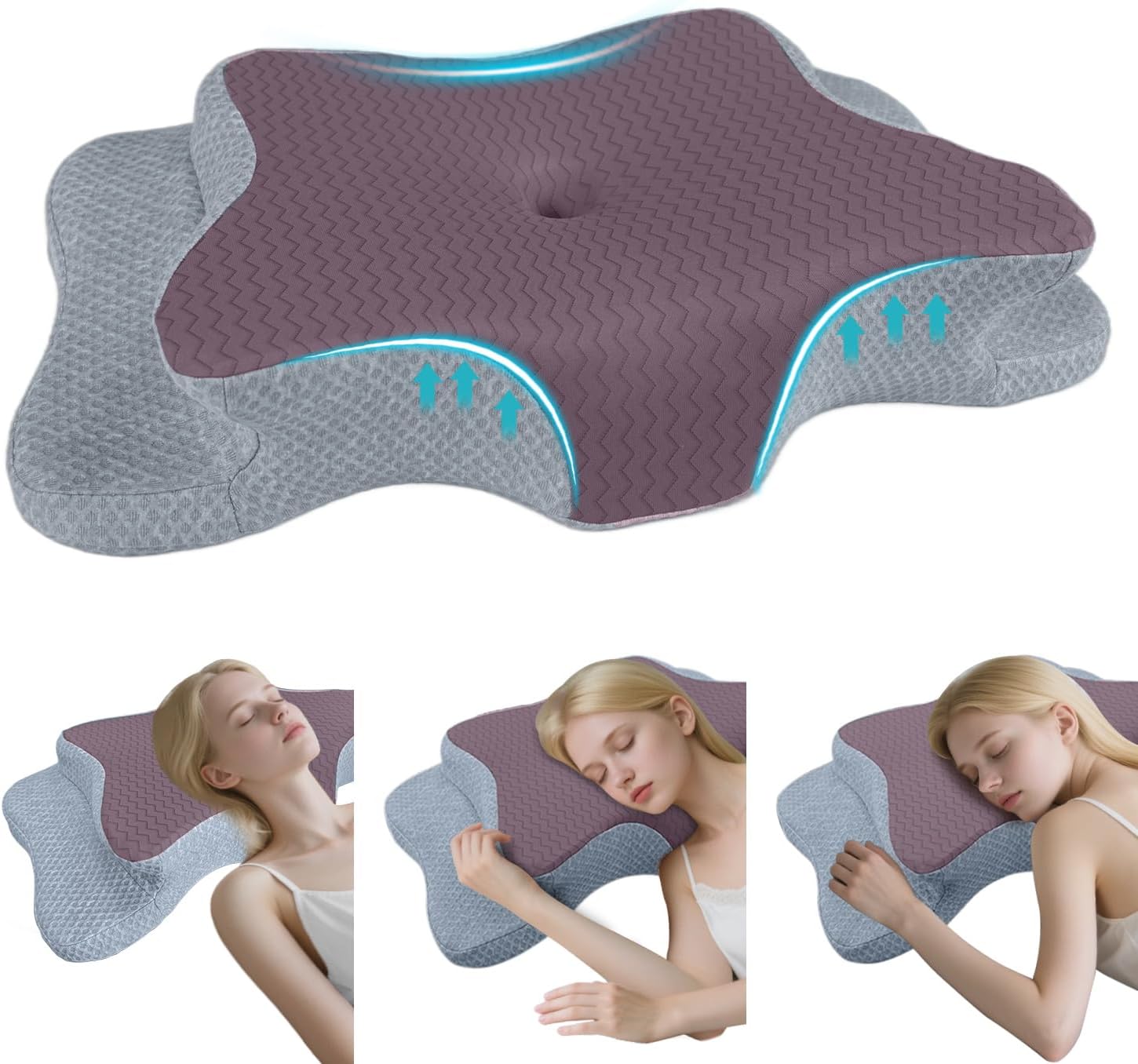 Cervical Pillow for Neck Pain Relief, Memory Foam Pillows, Ergonomic Contour Bed Pillow, Soft for Side Sleep Stomach Sleeping and Back Sleepers Queen Size-24.8''Lx14.96''Wx5.78''H Purple&grey