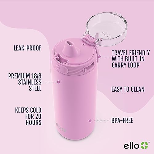 Miniatura 161 de Ello Cooper - Botella de agua de acero inoxidable de 22 onzas con 2 tapas, una de chupito y otra con popote | A prueba de fugas, doble pared y