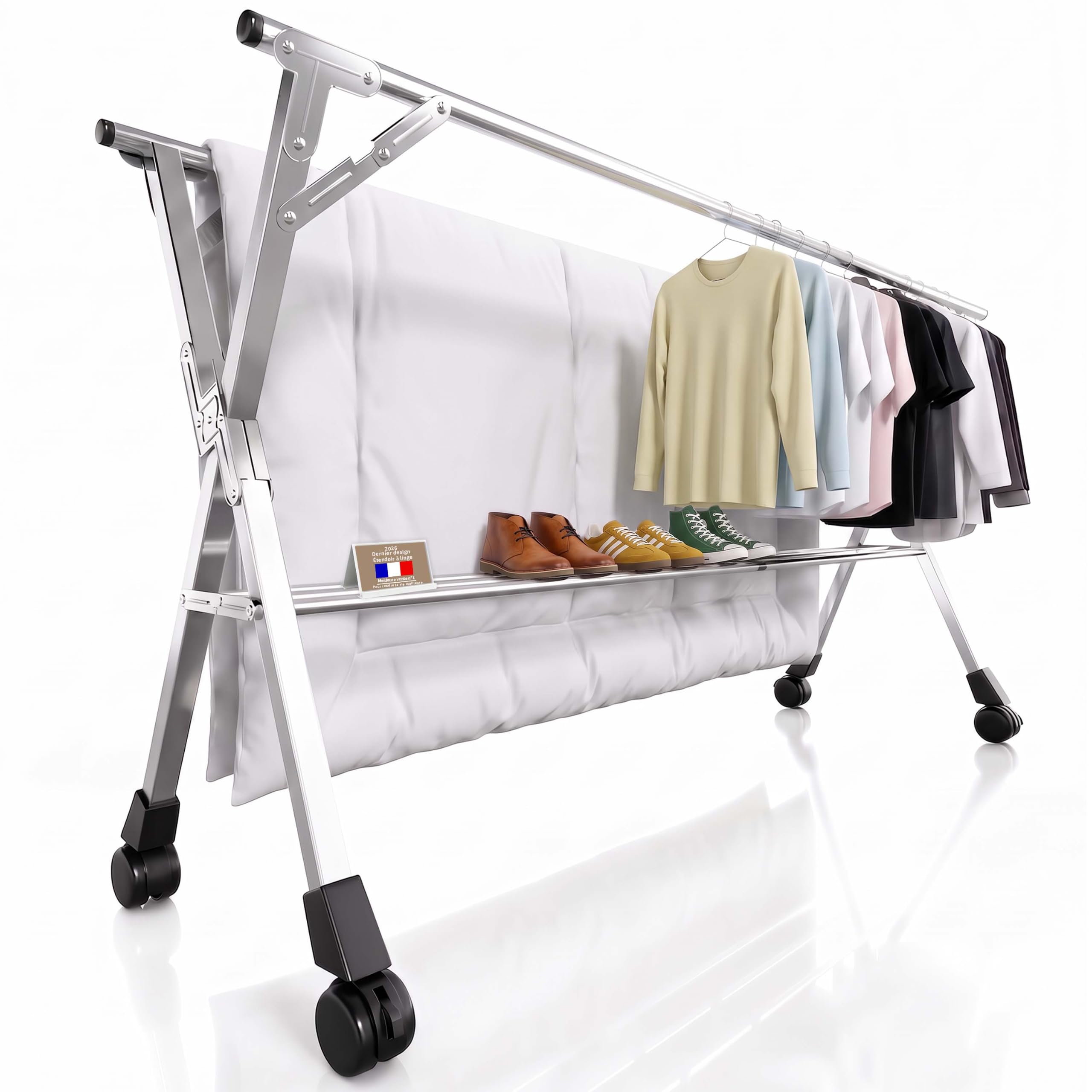 Séchoir à Linge Pliable 240cm, Étendoir à Linge Pliable en Acier Inoxydable pour intérieur et extérieur, Robustes Crochets 20 et Pinces 12 Inclus, Gain de Place (160cm)