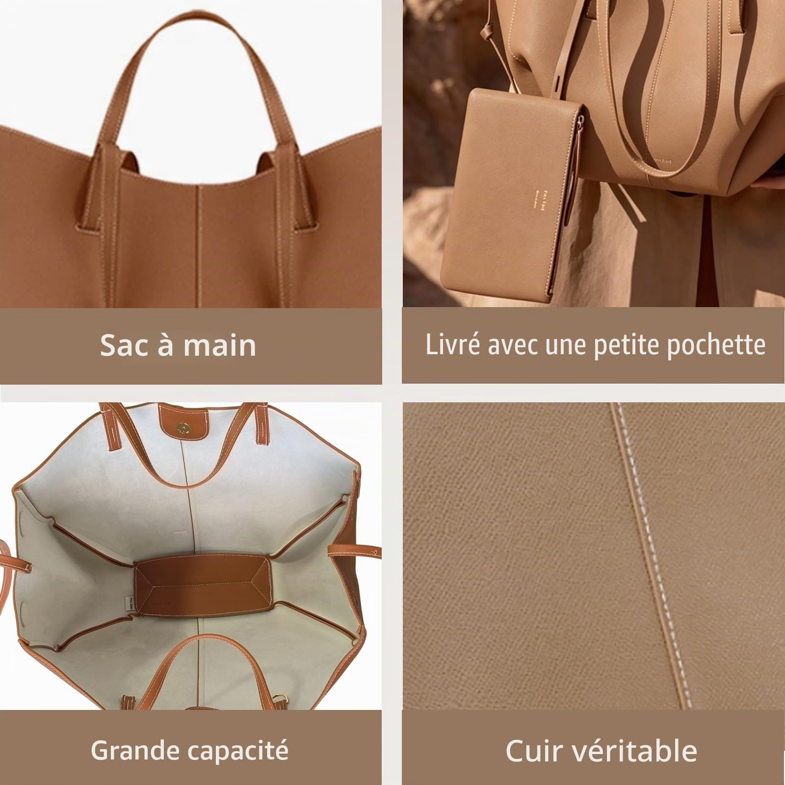 Sac à Main pour Femme Sac Seau en Forme de Croissant de Style PU Cuir Sac Portés Épaule Grande Sacs Cabas Hobo Sac Fourre Tout 2pcs pour Travail Achats Voyage Noir L