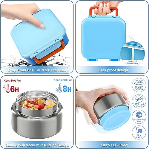 Miniatura 4 de Lonchera Bento para niños con contenedor térmico de sopa de 9 onzas, a prueba de fugas, 4 compartimentos con tarro de comida caliente aislado para