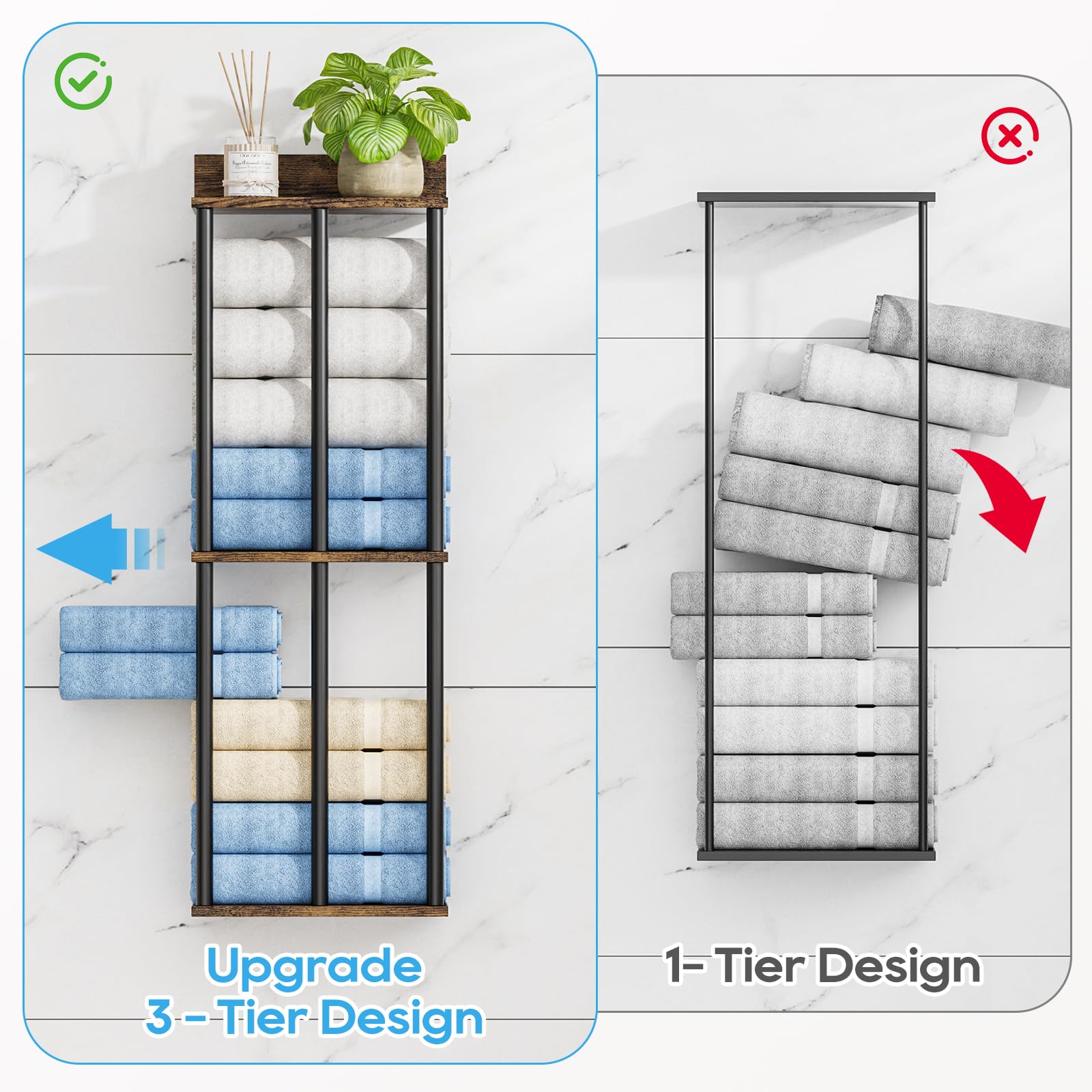 Soporte para Toallas de Pared con Estante de Madera - Organizador de Baño con 3 Barras, Gran Capacidad y Fácil Instalación - Ideal para Toallas Enrolladas - Marrón