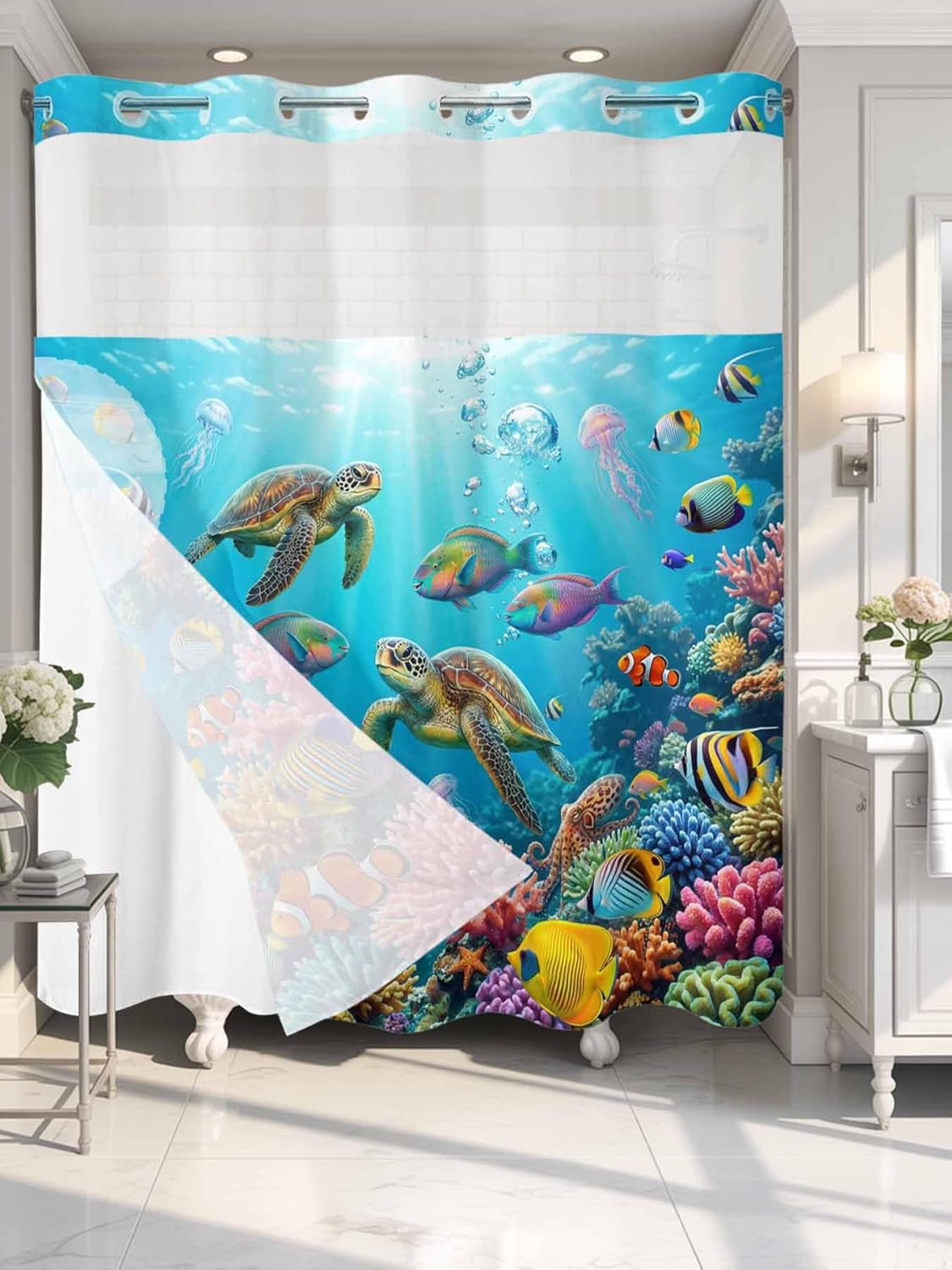Ocean Sea Turtle No Hook Shower Curtain with Snap in Liner Waterproof Fabric Shower Curtain Set for Bathroom Blue Coastal Fish Coral Jellyfish Marine Life Shower Curtain with See Through 72"x72"