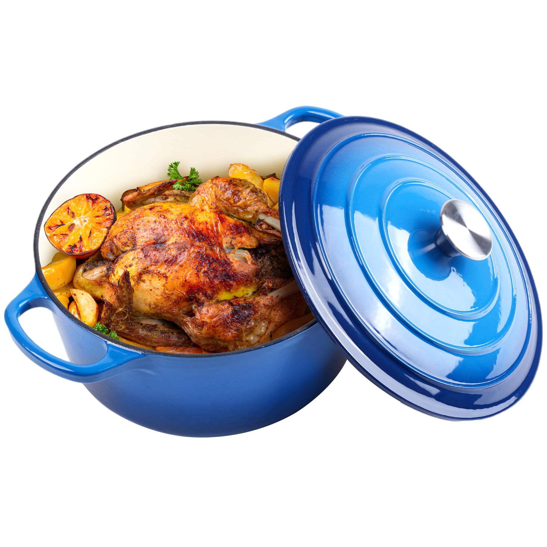 6 Quart Dutch Oven Enameled Cast Iron with Lid - Big Dual Handles - Oven Safe up to 500°F - Classic Round Pot for Versatile Cooking (Blue, 6 QT)