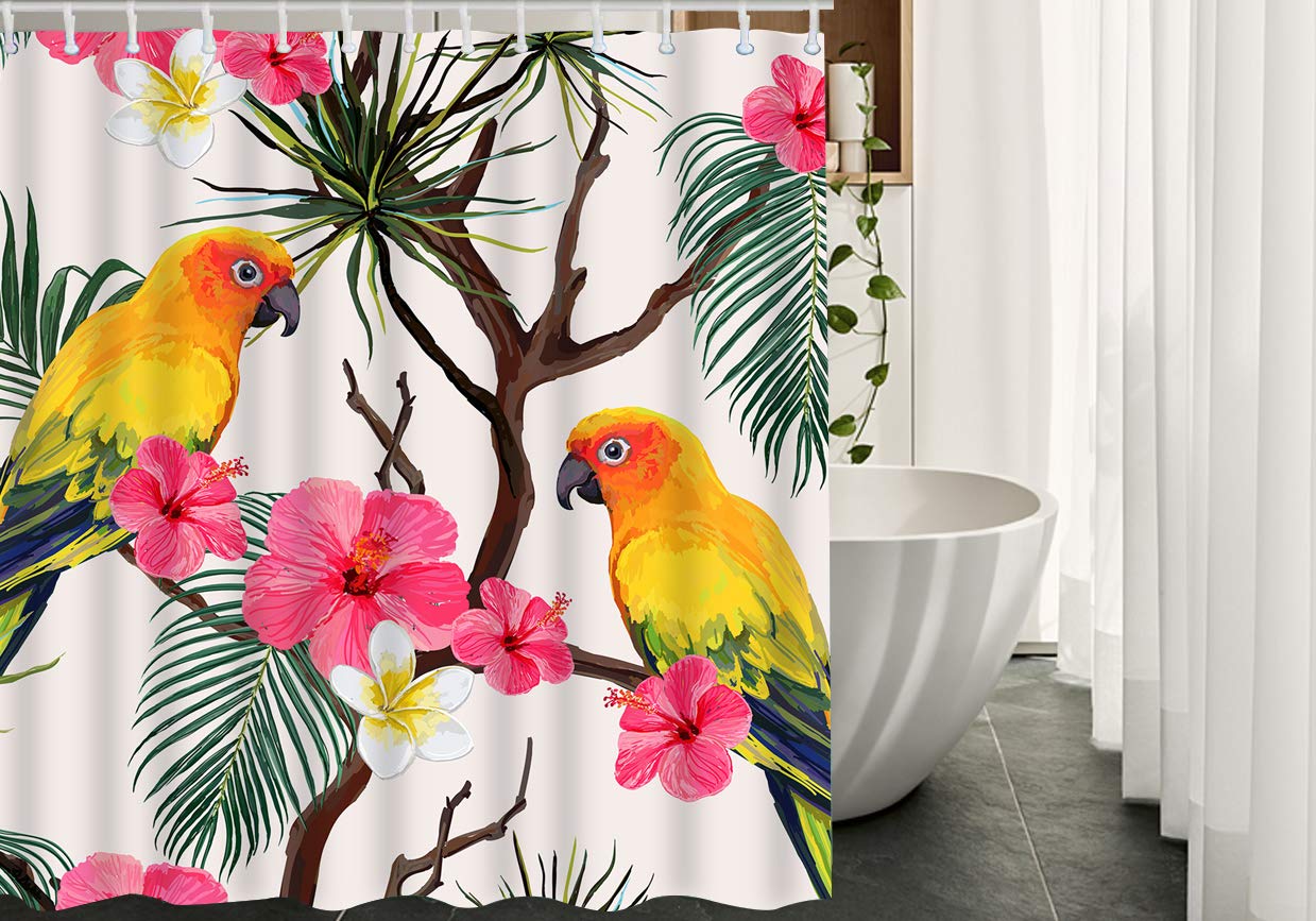 EKOBLA Parrot Shower Curtain Hibiscus Tropical Palm Leaves Summer Floral Bird Jungle Botanical Exotic Waterproof Wrinkle-Resistant Shower Curtain for Bathroom Polyester Fibre 72x72 Inch(180x180cm)