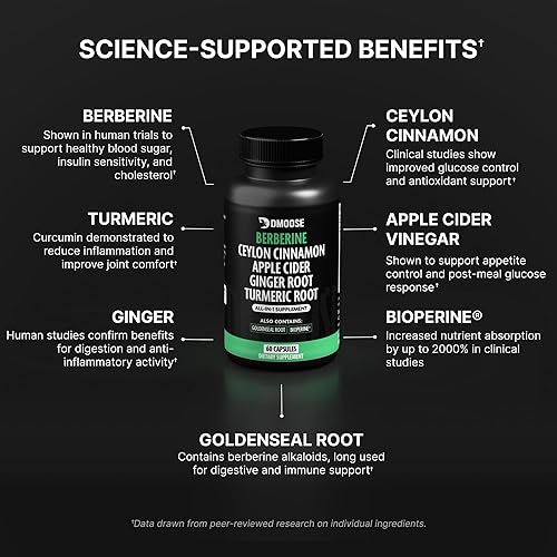 Miniatura 6 de Berberina HCL 1400 mg con canela de Ceilán para apoyar la digestión y el metabolismo - Suplemento de berberina 7 en 1, canela de Ceilán, biopreno,