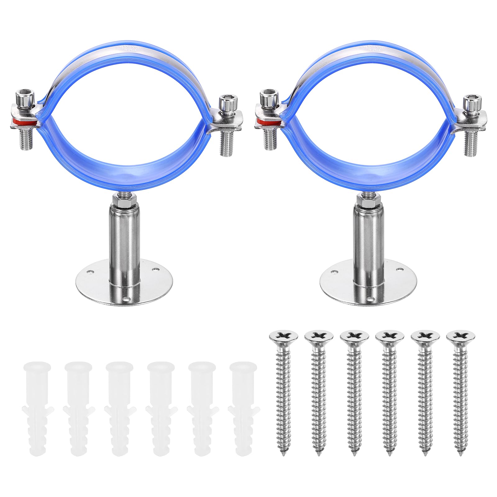 sourcing map 2 Set Wall Mount Ceiling Mount Pipe Supports 304 Stainless Steel Adjustable Pipe Bracket Clamp with Screws for OD Pipe 3.1"-3.5" (80-89mm) Adjustable Height 50-100mmmm