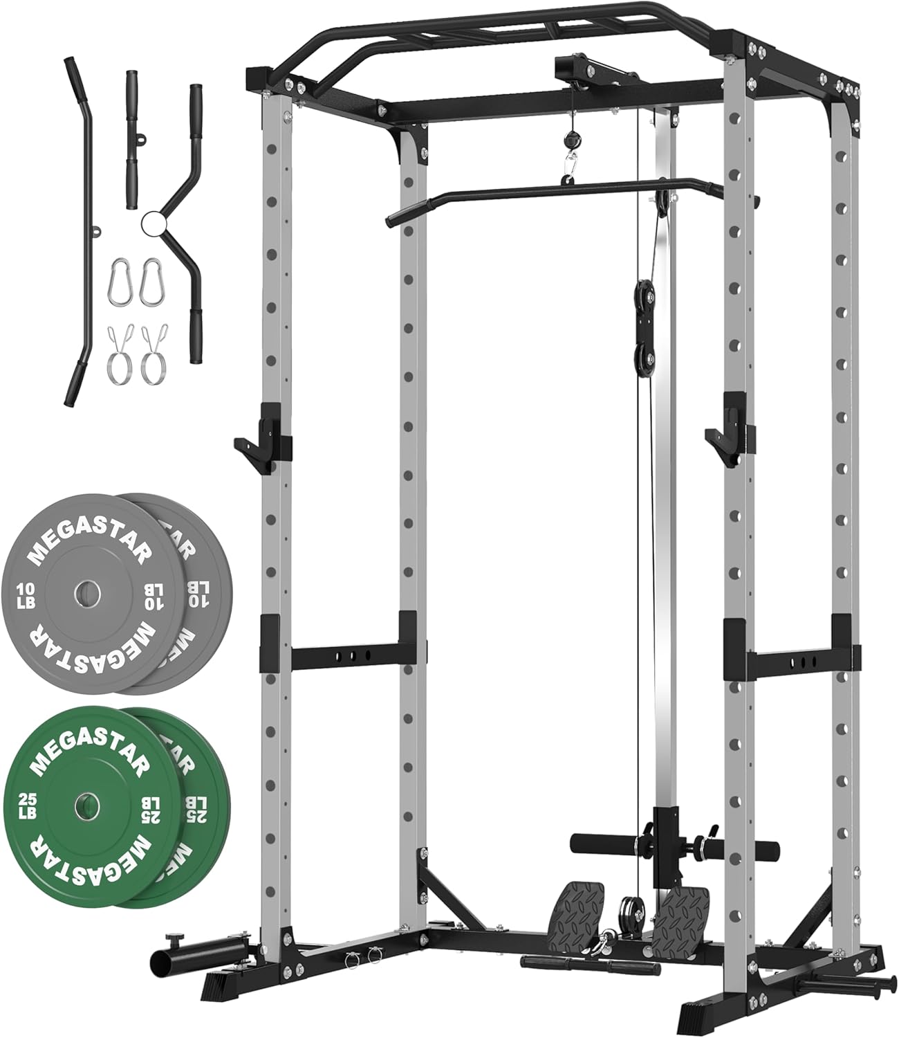 MEGASTAR Power Rack - 1600LBS Capacity with LAT Pulldown & Multi-Grip Pull-Up Bar