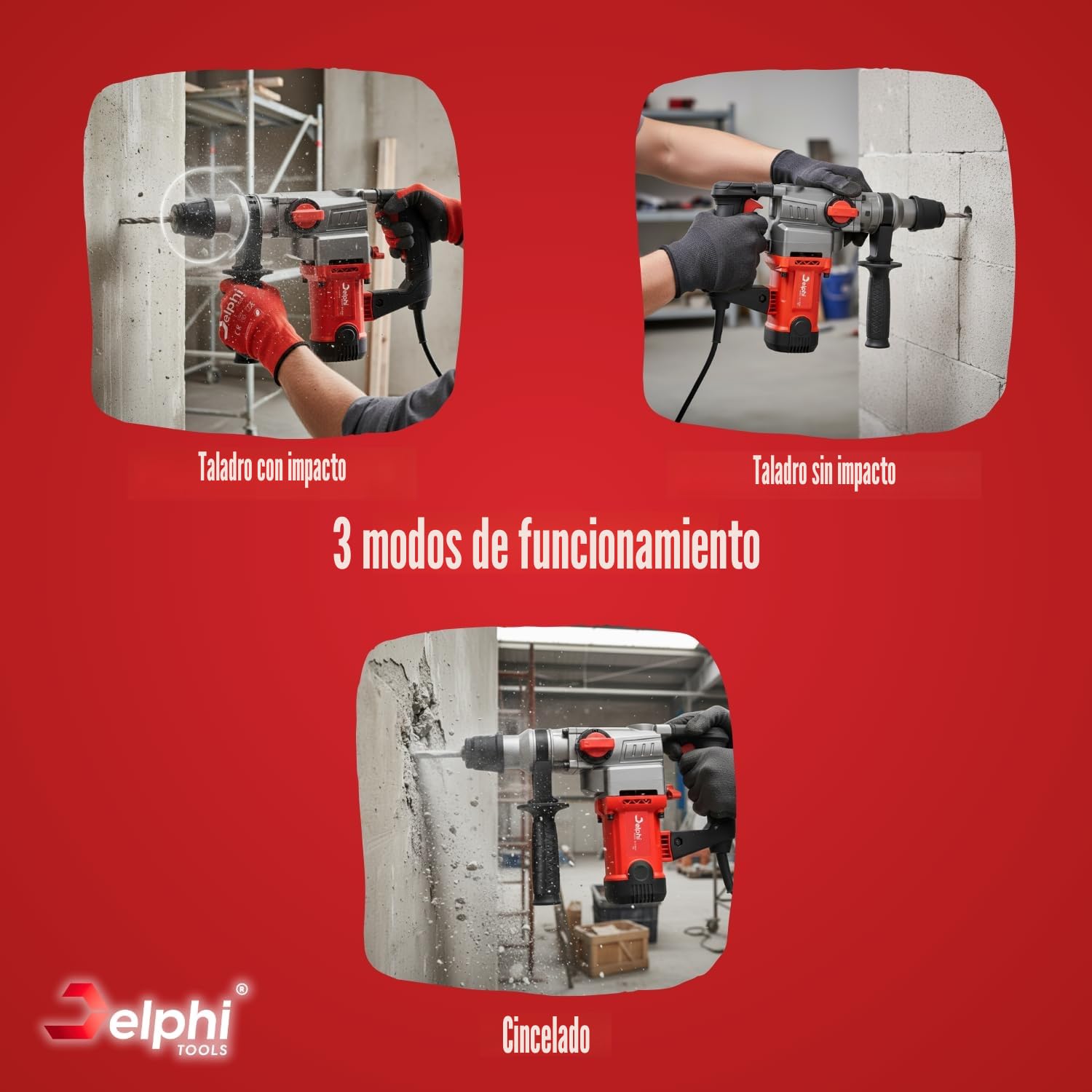 Delphi SDS Plus Martillo percutor rotatorio 2200 W – martillo demoledor y taladro percutor SDS+, 3 funciones en una herramienta, 880 rpm, juego de brocas y cinceles, accesorios y maleta