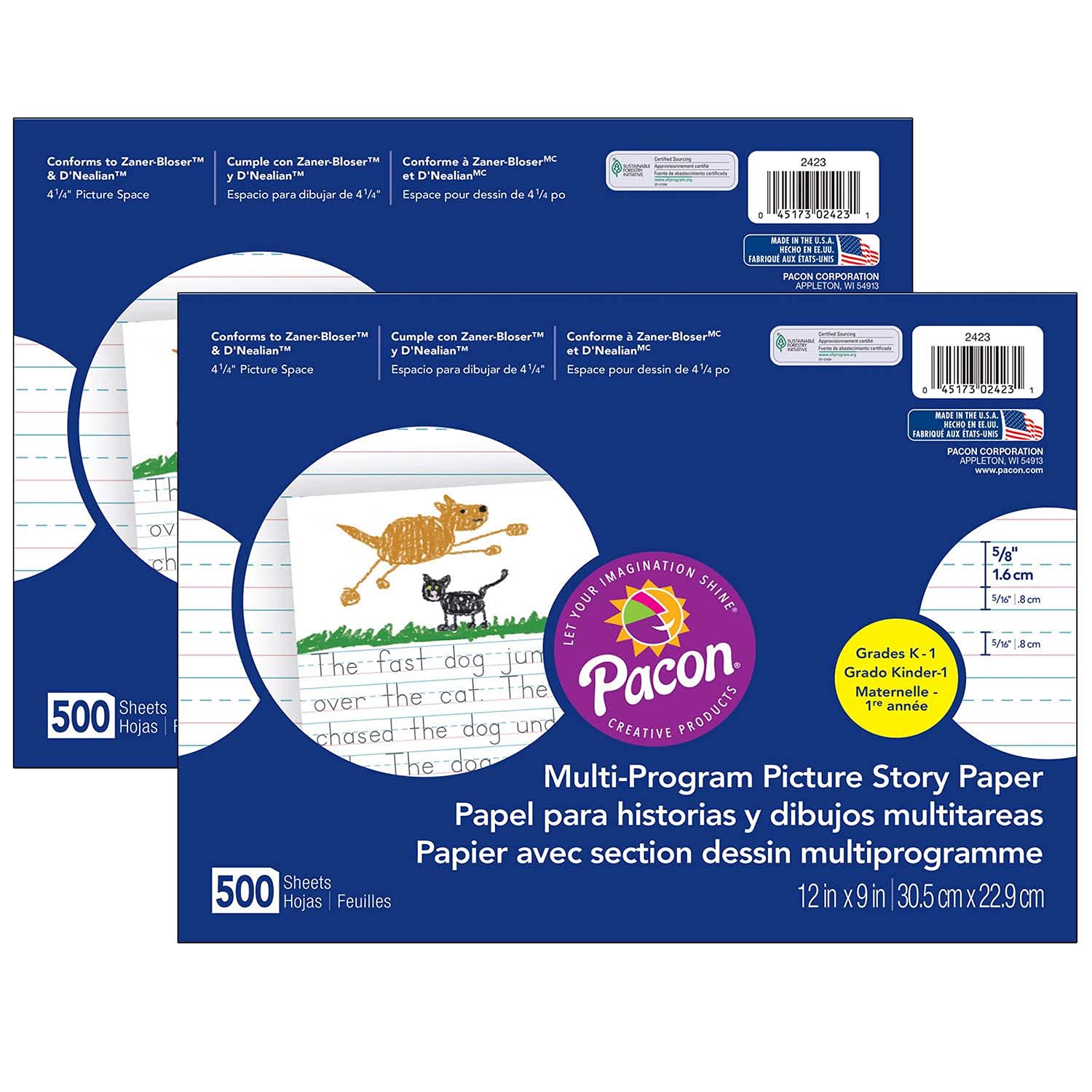 Pacon(r) Multi-Program Picture Story Paper, 5/8" Ruled, White, 12" x 9", 500 Sheets Per Pack, 2 Packs