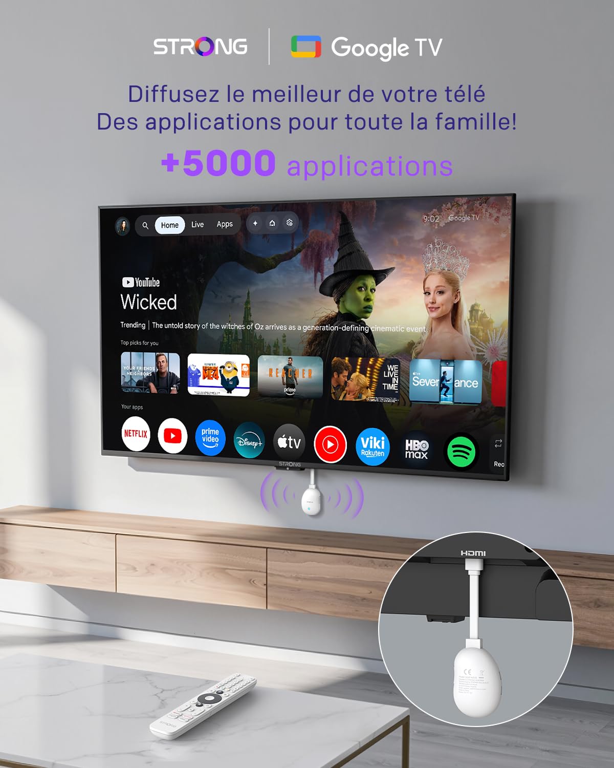 STRONG Leap-Neve 4K UHD Streaming Stick, Dolby Vision et Audio, HDR10+, 2 Go De RAM + 8 Go De Stockage Flash, WiFi 6, Android 12, Port Ethernet, HDMI 2.1 - Blanc