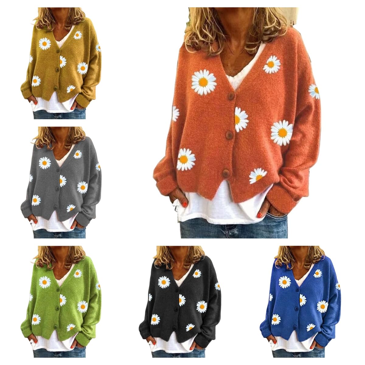 Cárdigan Mujercárdigan Corto De Punto Floral para Mujer, Manga Larga, Cierre De Botones En La Parte Delantera, Cuello En V, Ideal para Un Look Casual Y Coqueto con Margaritas, Otoño E I
