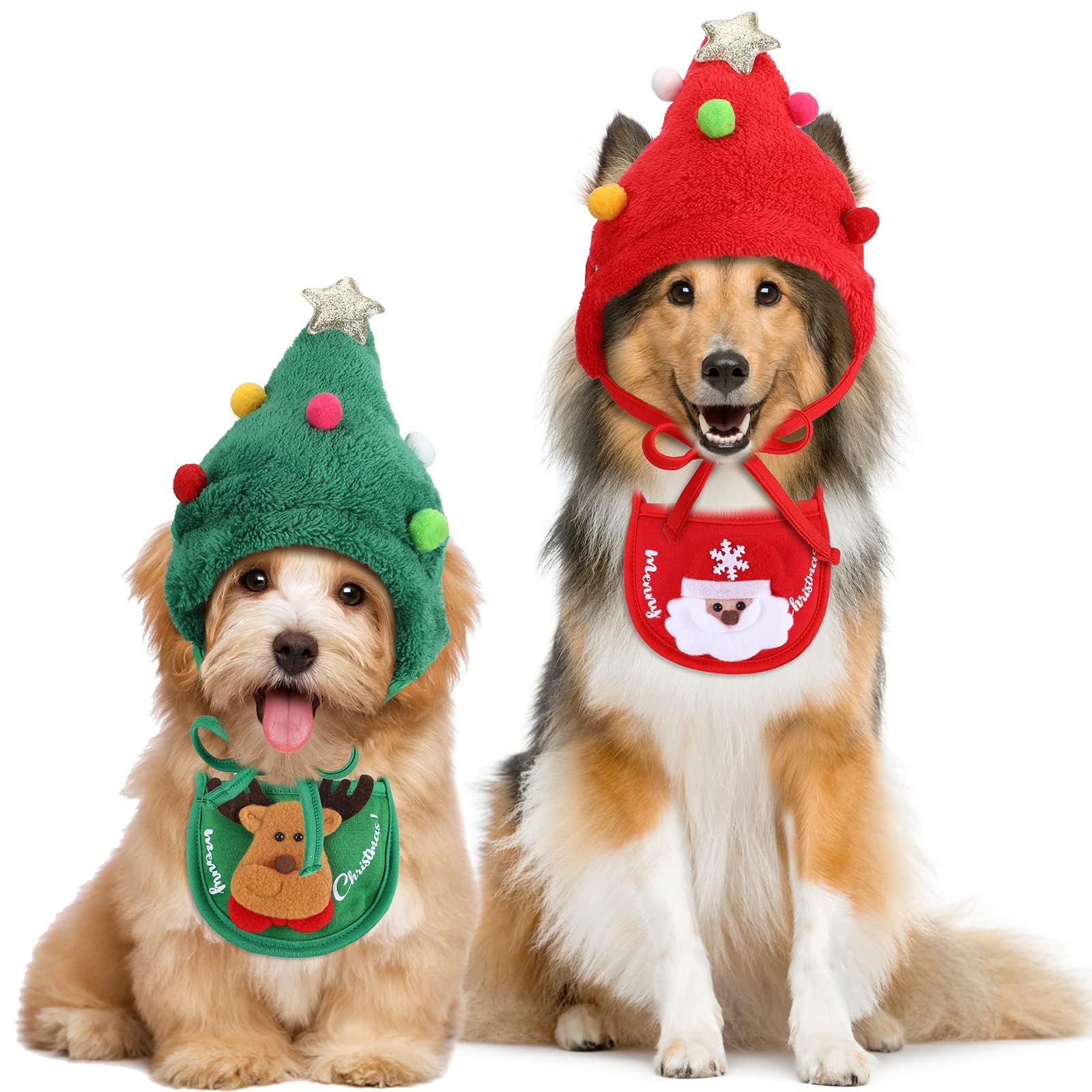 Christmas Dog Pet Costume Include 2 Christmas Tree Hat Small Dog Headgear and 2 Adjustable Collars Bib Santa Elf Cat Bib for Xmas Dog Cat Outfit Clothing Party Accessory pack of 4