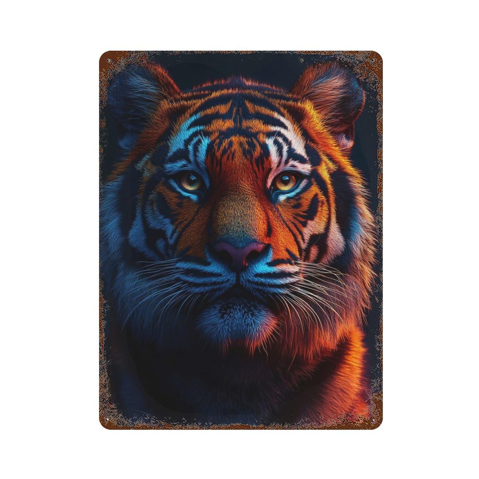 Vintage Metal Tin Sign Tiger Portrait with Neon Lighting 15.7"x11.8", Classic Wall Plaque for Pub, Kitchen And Man Cave Decor