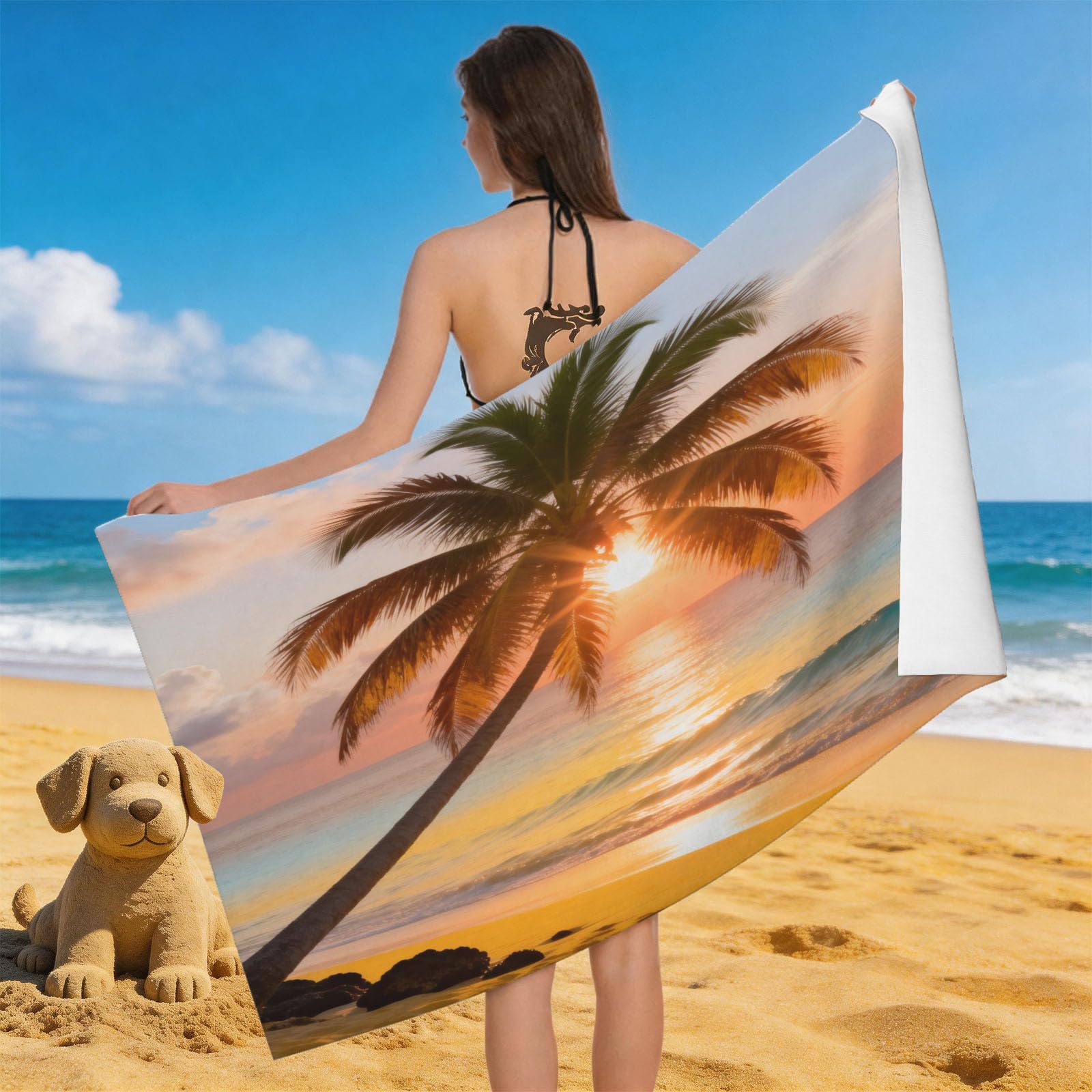 Leichong 3D Seaside Sunset Beach Towel Microfiber Soft Quick Dry for Adults, Sandy Beach Bath Towel Lightweight Soft Absorbent for Travel Swimming Pool Sports, 75 x 150 cm