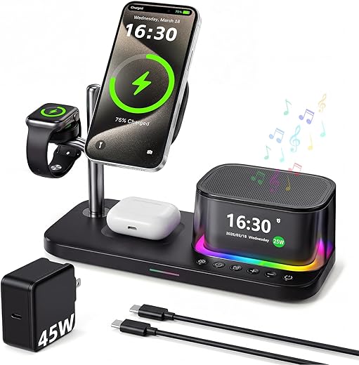 45 W 5 in 1 Wireless Charging Station with Alarm Clock and Bluetooth Speaker & Night Light, Qi 2