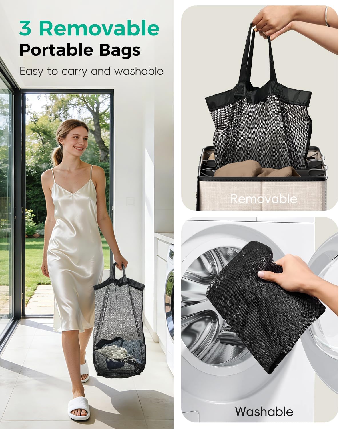 185L Laundry Hamper 3 Section with Lid & Removable Bags | Collapsible laundry basket organizer for laundry room, bedroom & dorm with 3 removable washing bags