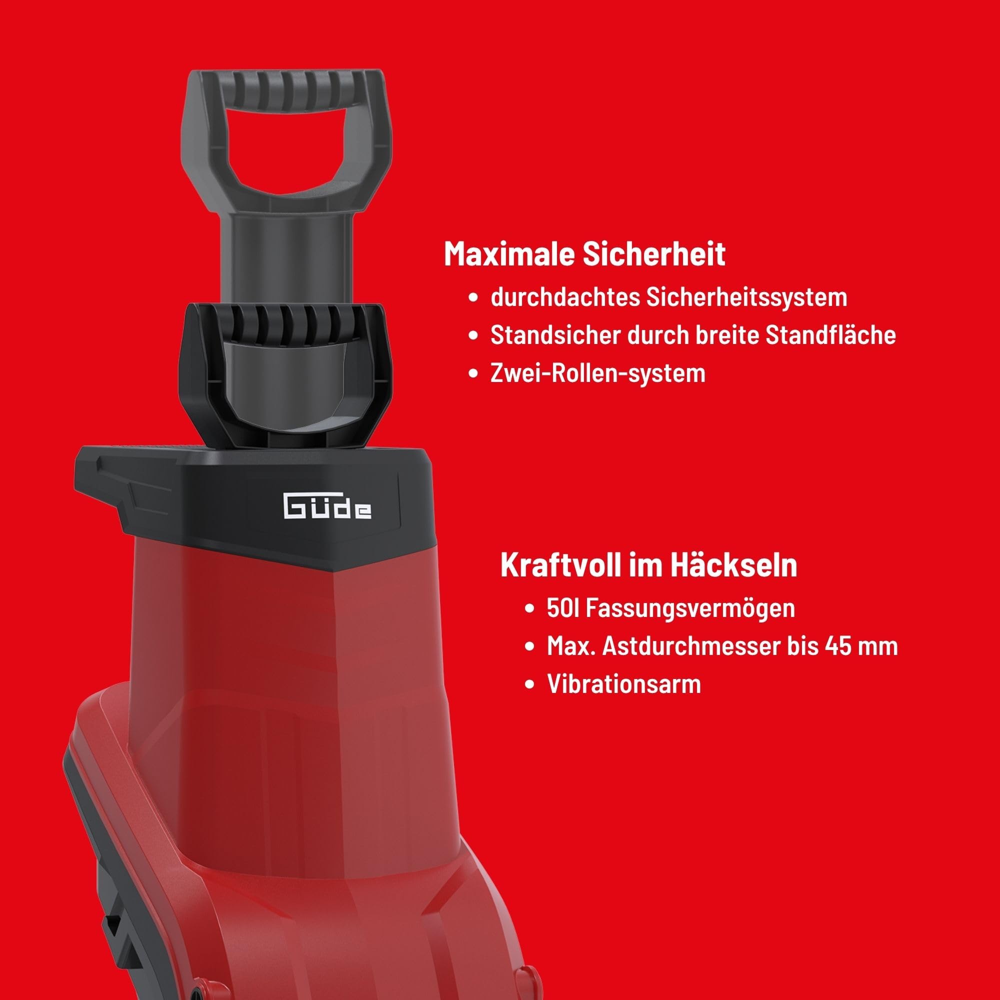 Güde Elektro-Gartenhäcksler GEH 2500, 2500 Watt, 45 mm maximale Aststärke | Messerhäcksler, kraftvolles Zerkleinern von Gartenmaterial, 50 l Fangsackvolumen, Fahrgestell mit zwei Transportrollen