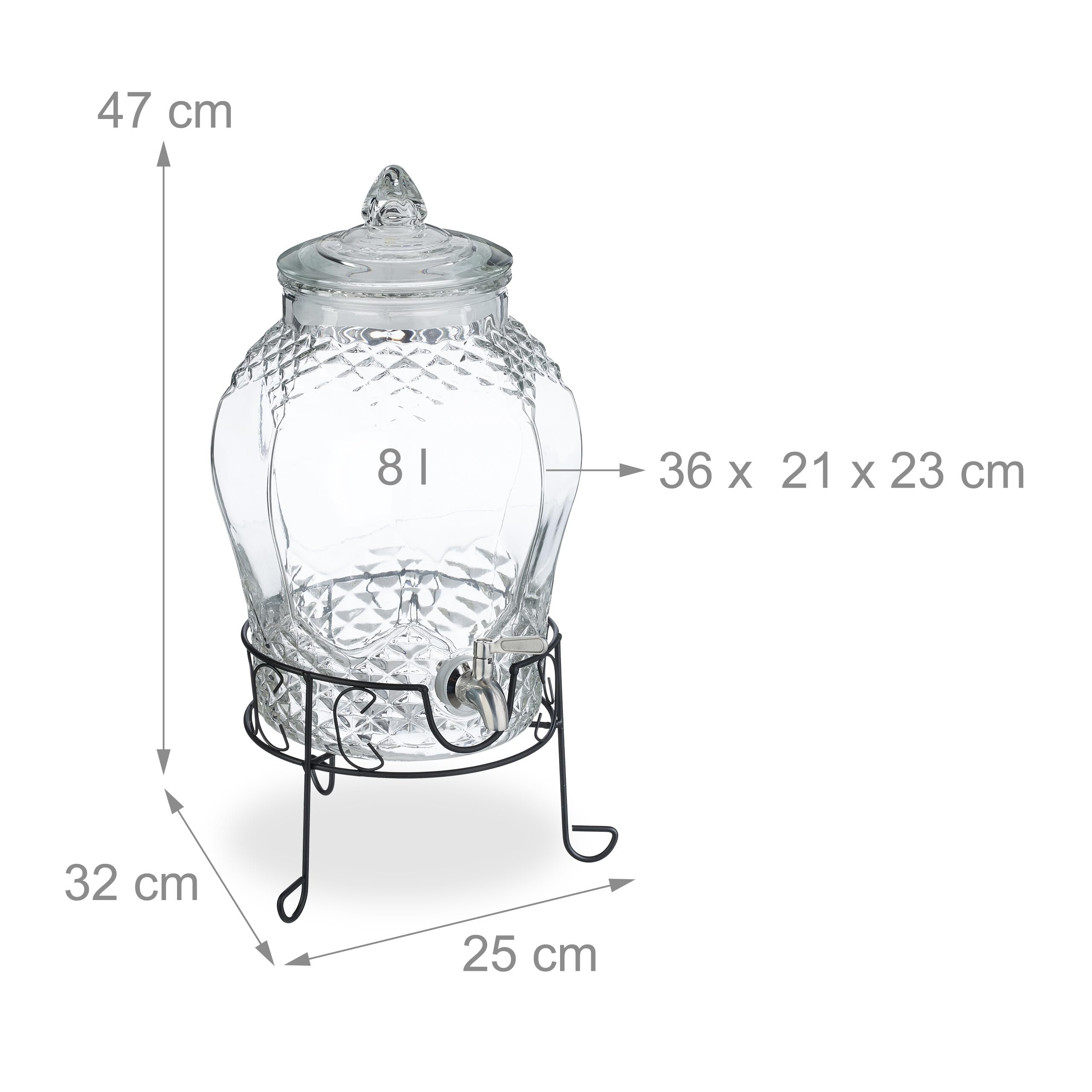 Relaxdays Distributeur de Boisson, avec Support et Robinet, 8 litres, pour Votre Limonade, Transparent