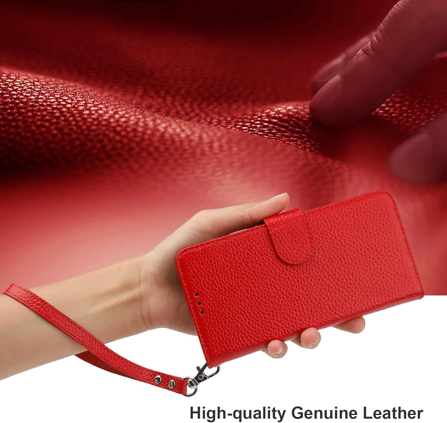 Bocasal Genuine Leather Wallet Case for iPhone 13 Pro 5G Wireless Charge RFID Blocking Credit Card Holder Kickstand Folio Flip Protective Cover with Wrist Strap Magnetic Clasp 6.1 Inch(Red)