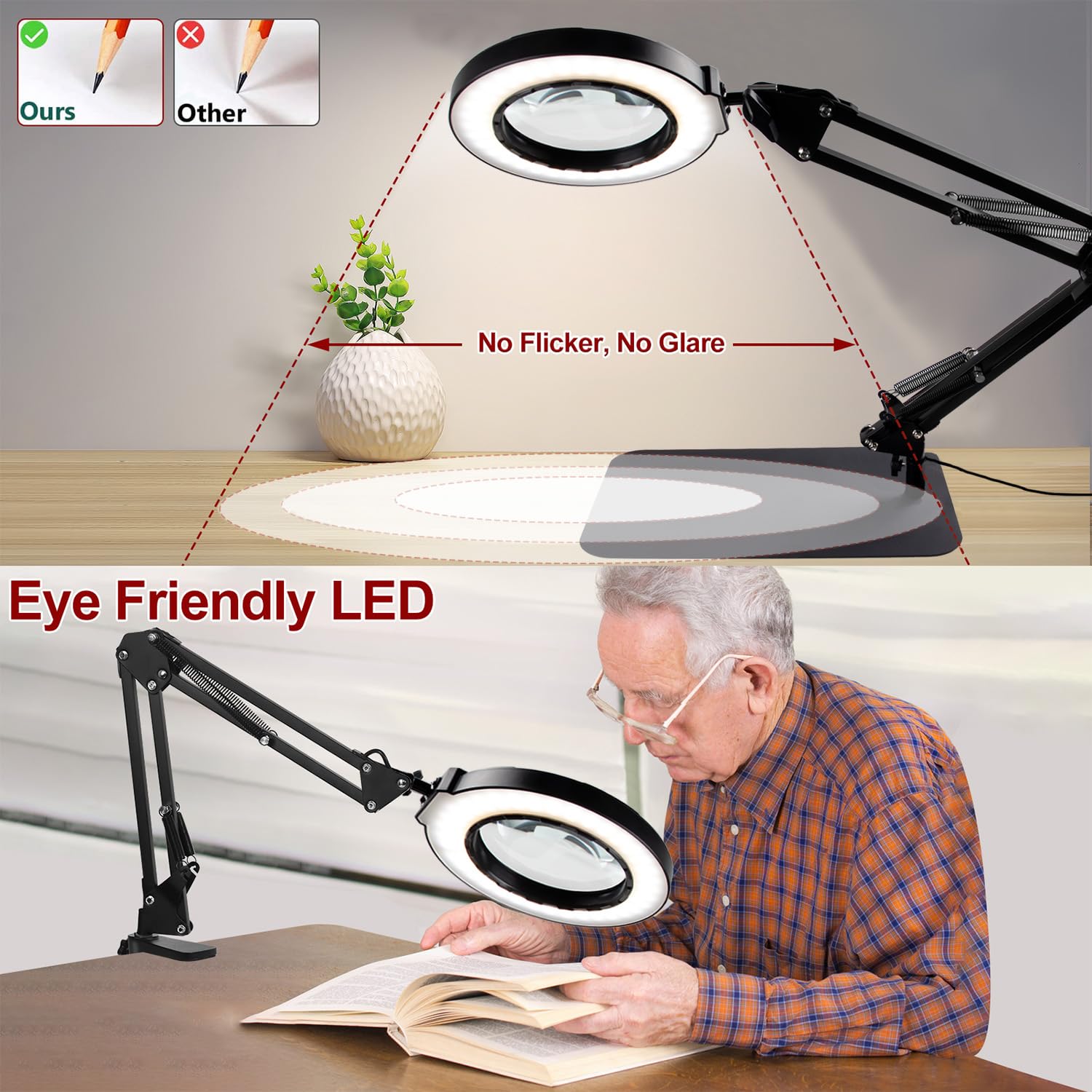 Lupa de 12 aumentos con luz, lámpara de aumento 2 en 1 con luz y soporte, 5 modos de color, lámpara de escritorio con luz LED y abrazadera, manos libres para manualidades, pasatiempos, lectura