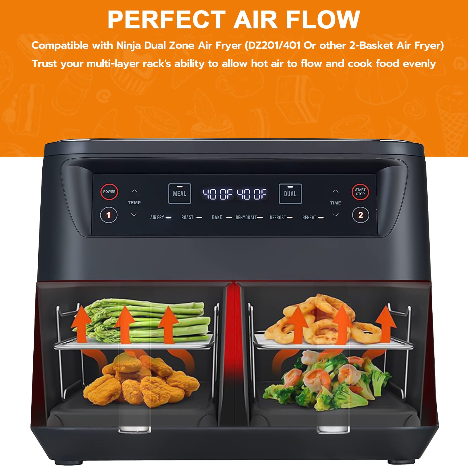 2 Pcs Air Fryer Rack for Double Basket Air Fryers, Multi-Purpose Air Fryer Accessories, 304 Stainless Steel Dehydrator Rack Grilling Rack with 4 Barbecue Sticks for Ninja Foodi DZ201/401 image_2