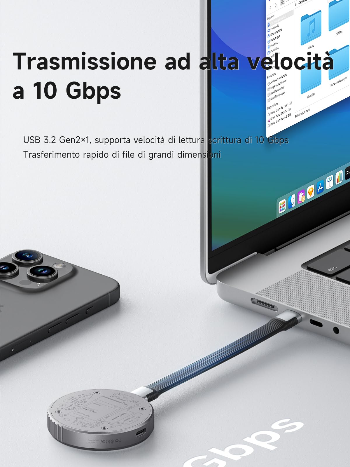 Hagibis Custodia magnetica M.2 2230 NVMe SSD con Magsafe per iPhone 15 Pro Max ProRes, USB C 3.2 Gen2 10Gbps a NVMe, custodia SSD esterna in alluminio per MacBook, iPad Pro, Android (MC100)