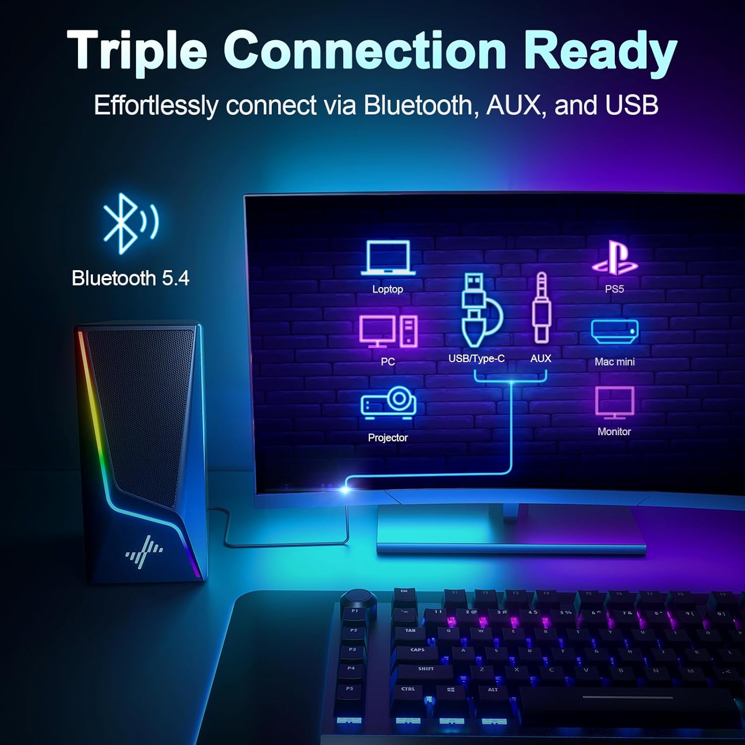 Nylavee Computer Speakers with Subwoofer, 2.1 PC Speakers System with 8 Lighting Modes, 60W Peak Power, AC Adapter Powered, Bluetooth 5.4, USB/USB-C and 3.5mm Aux in for Desktop, Monitor, Gaming