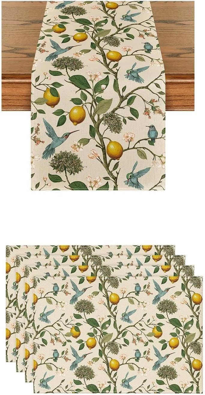 Artoid Mode Brown Lemon Tree Bird Flower Summer Place Mats 12x18 Inch Set of 4 and Table Runner 13x72 Inch