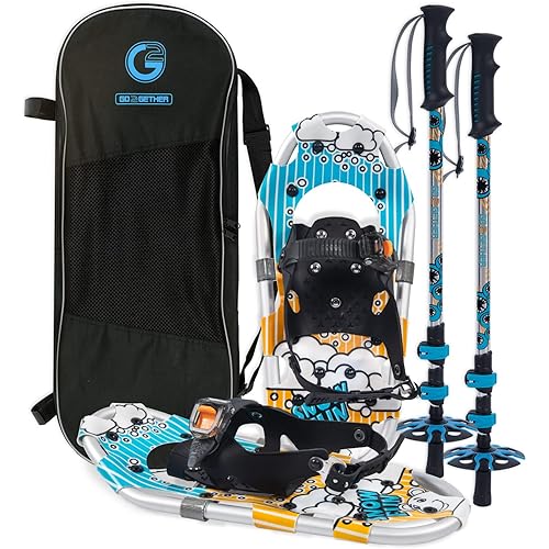 G2 16 Inch Kids Snowshoes Set with Trekking Poles, Snow Baskets, Storage Bag, Fast Ratchet Binding Design, for Child Youth Boys and Girls, Blue&Green Avaliable