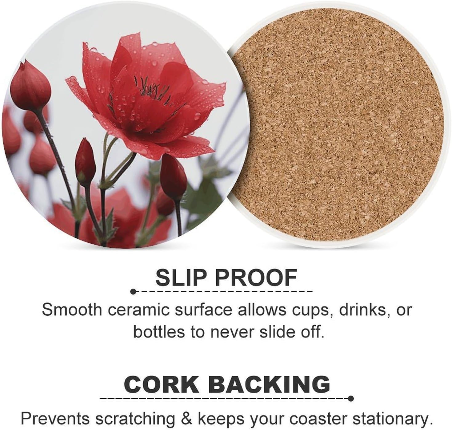Red Flower Bud Coasters for Drinks Absorbing Round Ceramic Stone Coaster with Cork Base Coffee Cup Beverage Table Cup Mat Modern Style Bar Coaster Set for Home Decor