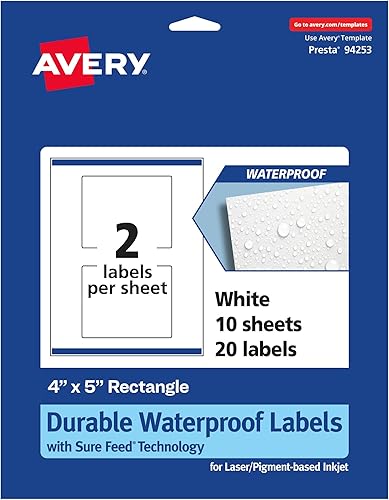 Miniatura 1 de Avery Etiquetas rectangulares duraderas e impermeables con alimentación segura, 4 x 5 pulgadas, 20 etiquetas impermeables resistentes al aceite y al