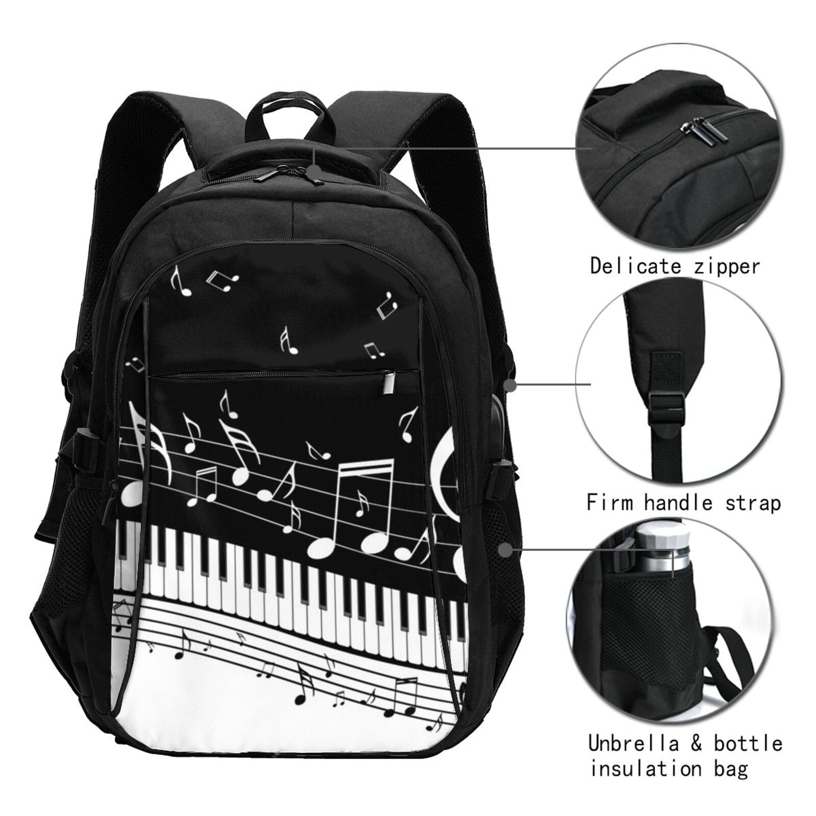 InOmak Schwarze und weiße Musiknote, Reiserucksack, Freizeitrucksack, Schulrucksack, Laptop-Rucksack für Damen und Herren