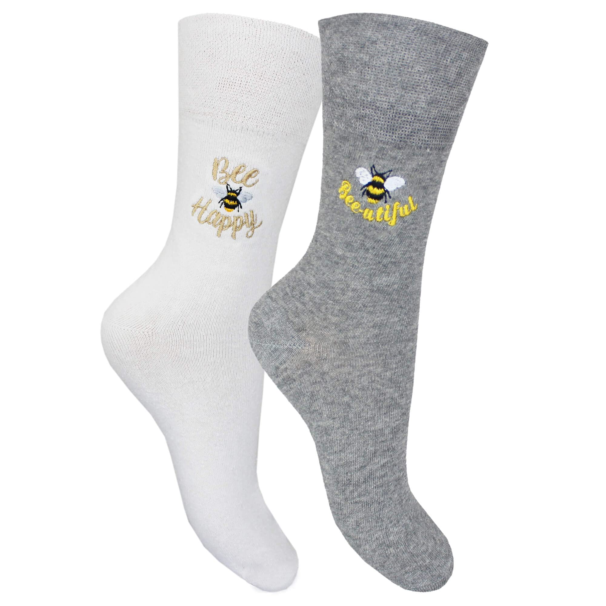 Teddyt's Women's White, Grey & Gold Bumble Bee Happy Honeycomb Top Socks In White & Grey